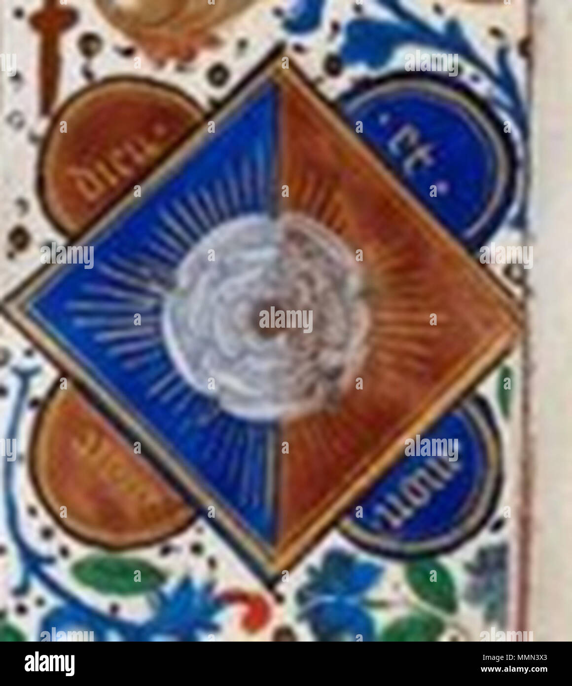 . Englisch: Yorkist Rose, wie Heraldik für Edward IV, ein Detail aus Datei: BL Royal Vincent von Beauvais.jpg, Miroir historial, Bd. 1 Vincent von Beauvais, Speculum historiale, Trans. ins Französische von Jean de Vignay), Brügge, C. 1478-1480, Royal 14 E.I, Bd. 1, w. 3. 29. Januar 2012. Unbekannte mittelalterliche Künstler 86 BL Royal Vincent von Beauvais 2 Yorkist rose Stockfoto