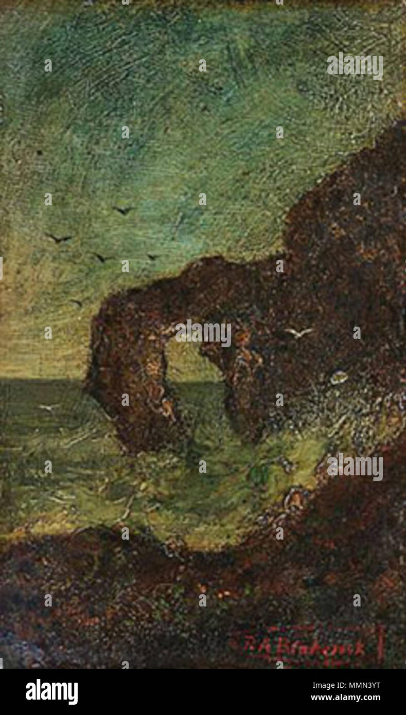 . Die eal Rock, San Francisco 'Landschaft Gemälde von Ralph Albert Blakelock (1847 - 1919). Felsformation mit Arch in der Nähe von Ocean Beach, in der Golden Gate National Recreation Area. . Ca. 1870. 86 Jedudedek Blakelock, Ralph Albert-Marine, Seal Rock Stockfoto