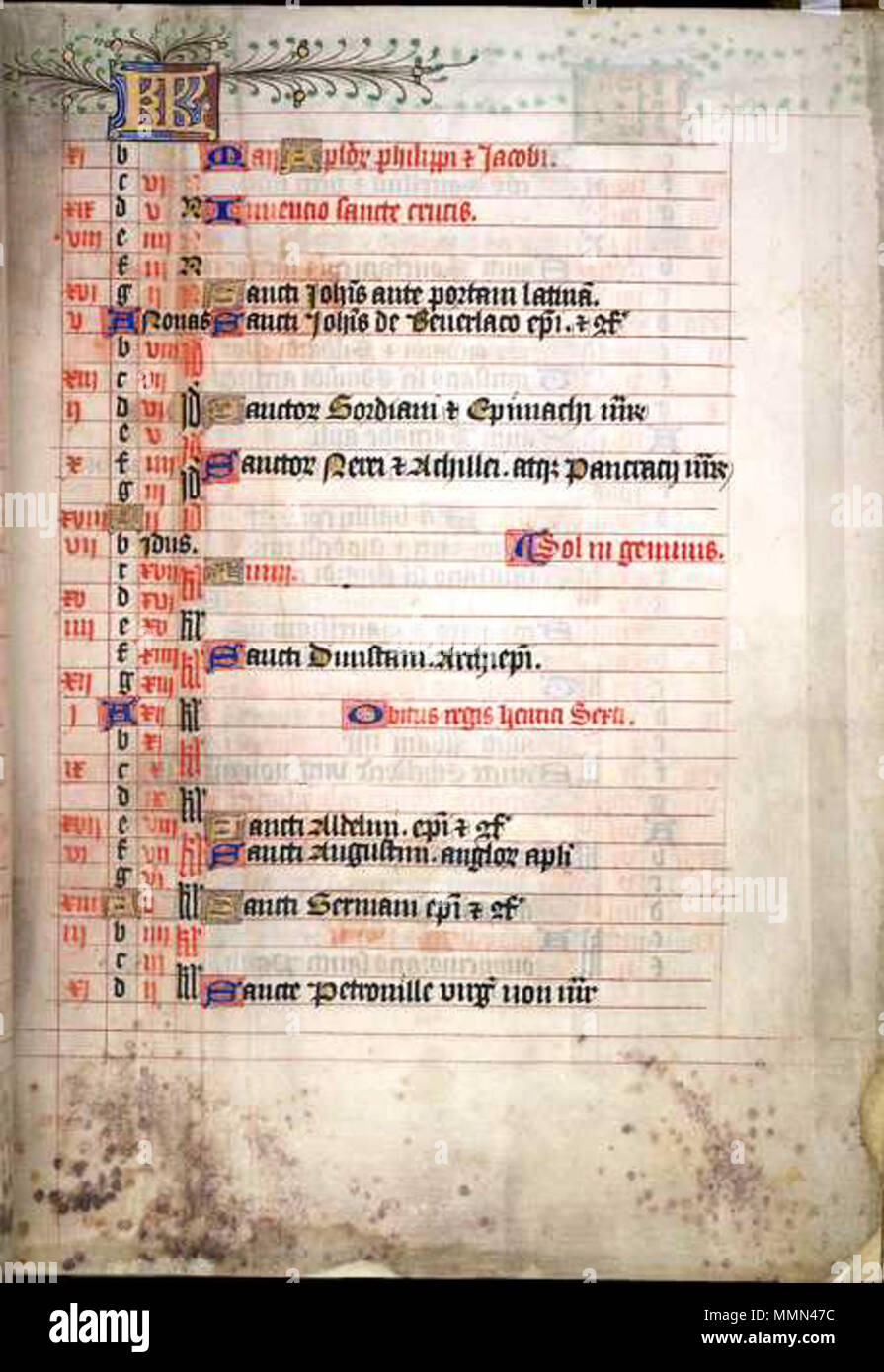 . Dies ist ein erstaunlich groß und aufwändig beleuchteten Buch der Stunden, Kombination aus französischen und englischen Stil. Das erste Blatt enthält eine Liste von obits Mitglieder der königlichen Familie und des 4., 5., und 6. der Earls von Ormond für sich und ihre Frauen für sich, so dass es wahrscheinlich für Anne Boleyn Großvater gemacht wurde, Thomas Butler (1426-1515), 7th Earl von Ormond, oder ein Mitglied seiner Familie. Es wurde im frühen 16. Jahrhundert zu einer Kapelle an der uthwyke', vermutlich Southwick in Hampshire. Der letzte Eintrag in rot auf dieser Seite ist die 'Obitus regis Henrici sexti', der Tod von König Heinrich VI. (21. Mai), dessen Tod ist auch Pocketrecorder Stockfoto