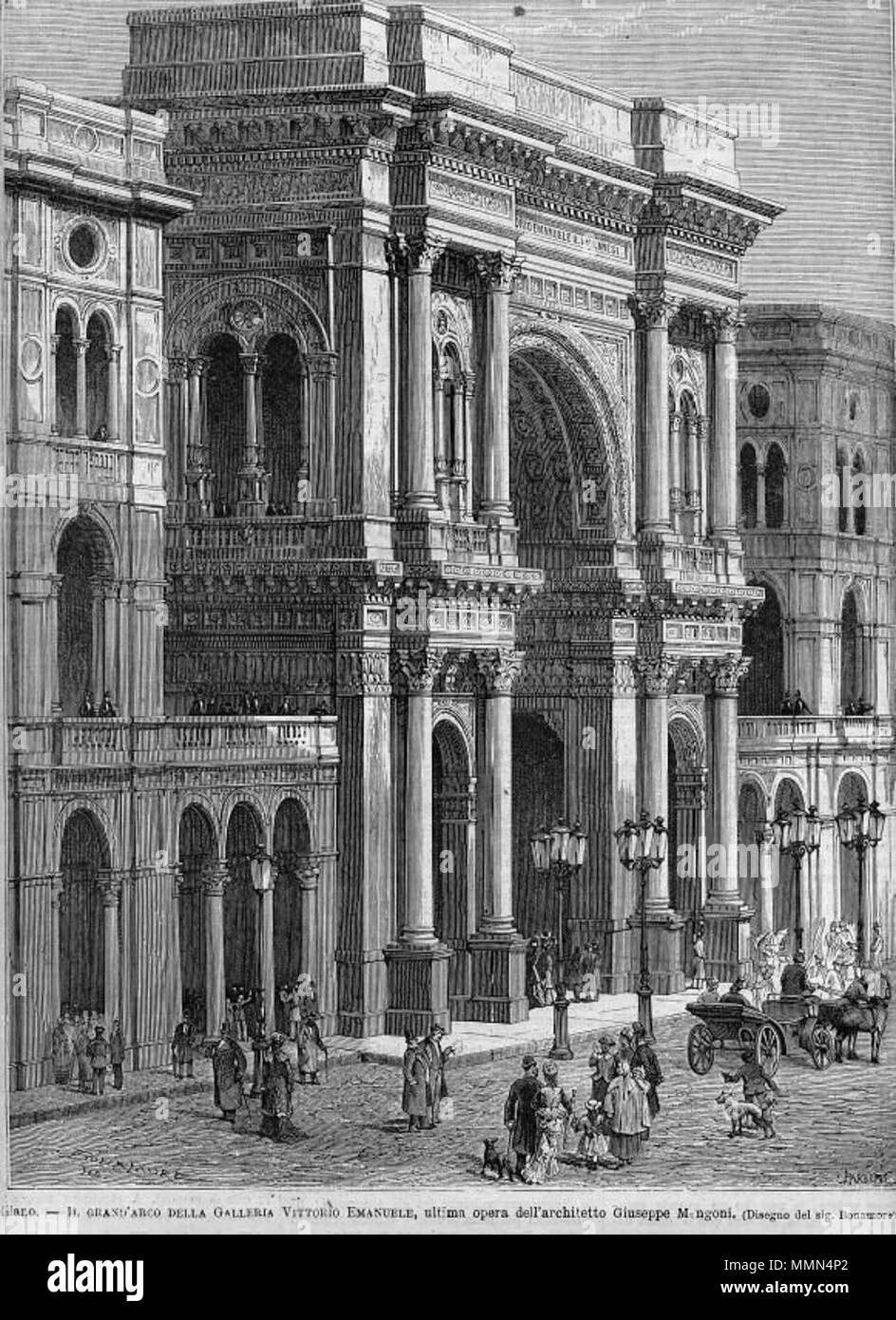 . Italiano: Antonio Bonamore (1845-1907), 'Milano, il Grand'Arco della Galleria Vittorio Emanuele, ultima Opera dell'ing. Giuseppe Mengoni'. Incisione tratta da Fonte ignota; dopo Il 1870. Englisch: Antonio Bonamore (1845-1907) - 'Milan, der Triumph Bogen von Galleria Vittorio Emanuele". Unbekannte Publikation, nach oder um 1870. . Nach 1870. Antonio Bonamore (1845-1907). 90 Bonamore, Antonio (1845-1907) - Milano, il Grand'Arco della Galleria Vittorio Emanuale (Ca. 1870) Stockfoto
