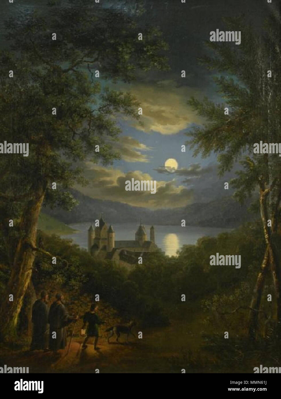 . Deutsch: Das Kloster Maria Laach bei Vollmond, im Vordergrund zwei von einem juengling mit Laterne begleitete Geistliche Polski: Klasztor Maria Lach przy pełni księżyca, na pierwszym Planie dwaj księża w towarzystwie młodzieńca z latarnią. 19. Christian Breslauer 1802-1882 97 Breslauer Das-Kloster-maria-laach-bei-Vollmond im Vordergrund-zwei-von-einem-juengling-mit-Laterne - begleitete - geistliche Stockfoto