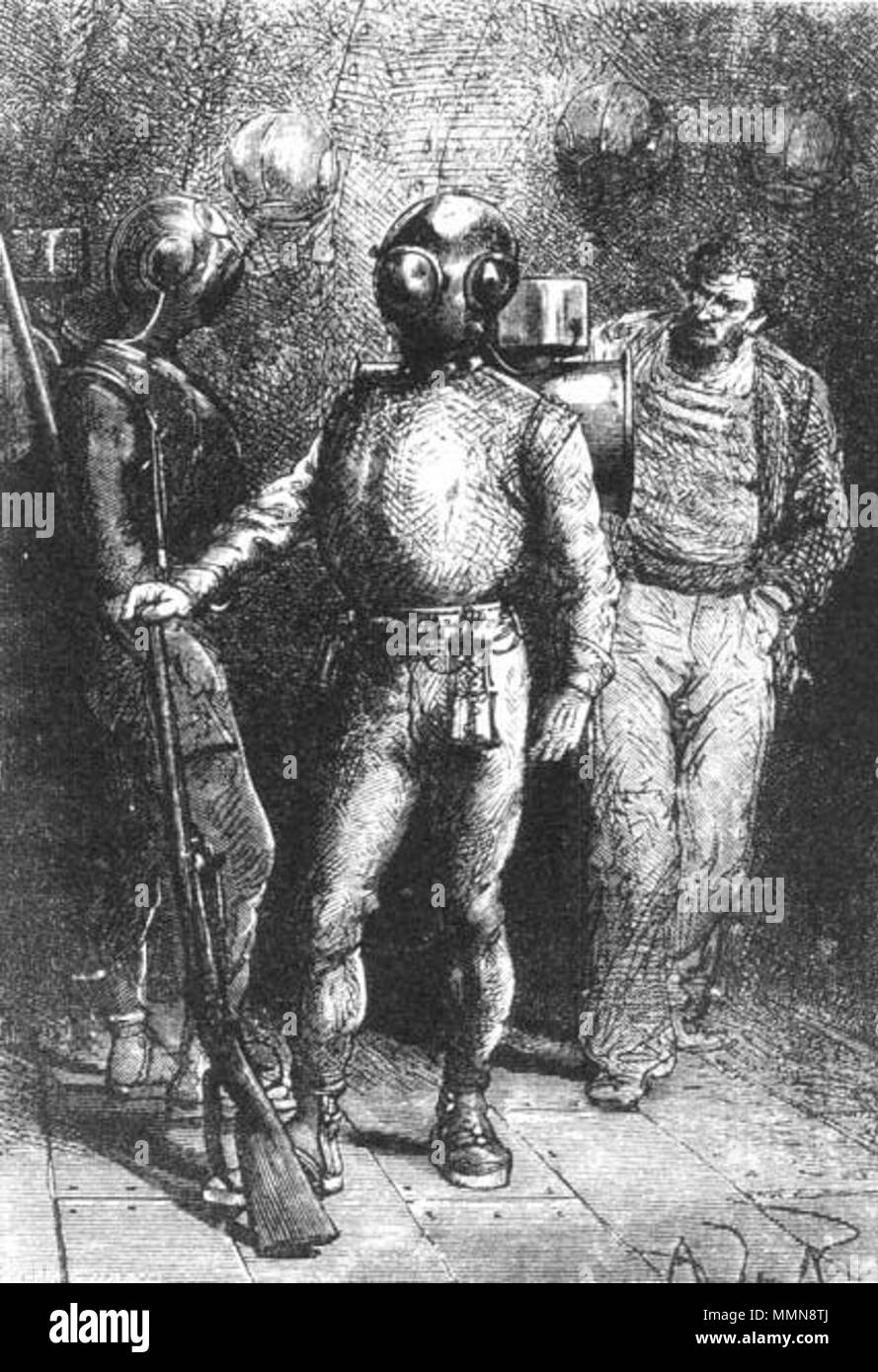 . Englisch: Eine Illustration von Jules Vernes Roman "20 000 Meilen unter dem Meer" (1866-69) gezeichnet von George Roux. Kapitän Nemo Holding eine luft-betriebene Leyden Gewehr, beobachtet von Ned. Polski: Ilustracja powieści Juliusza Verne' Ein 'Dwadzieścia tysięcy Mil podmorskiej żeglugi' (tytuł przekładany także Jako: "wadzieścia tysięcy Mil podmorskiej żeglugi około świata', '20.000 Mil podmorskiej żeglugi'; 1866-69, ich wyd. 1870) autorstwa Alphonse'a de Neuville lub Édouarda Riou. Français: Jules Verne "Vingt mille lieues Sous les mers" (1866-69), Dessins par Alphonse De Neuville ou Édouard Stockfoto