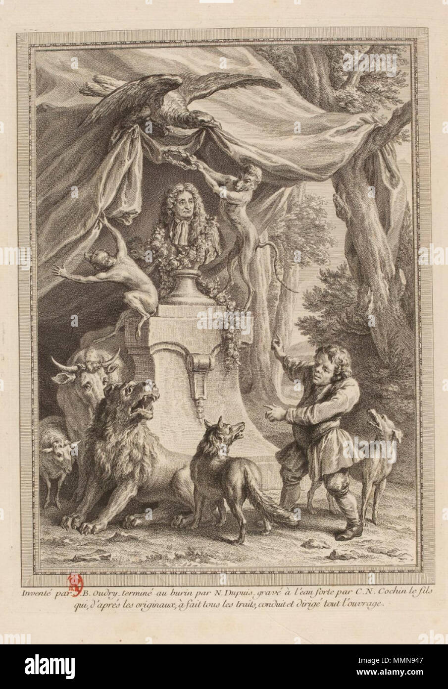 . Tiefdruck réalisée par Charles-Nicolas Cochin Fils d'après un Dessin de Jean-Baptiste Oudry représentant un-Buste de Jean de La Fontaine entouré d'animaux et montré du Doigt par un petit Homme. Cette Tiefdruck est parue dans l'édition" Complète des Fables de La Fontaine, en Tête de quatre Tomes chez l'éditeurs Desaint, Saillant et Durand, rue Saint Jean de Beauvais à Paris, Imprimée par Charles-Antoine Jombert entre 1755 et 1759. 001 Frontispice Fabeln Beaufort La Fontaine Tome 1 Oudry-Cochin fils Stockfoto