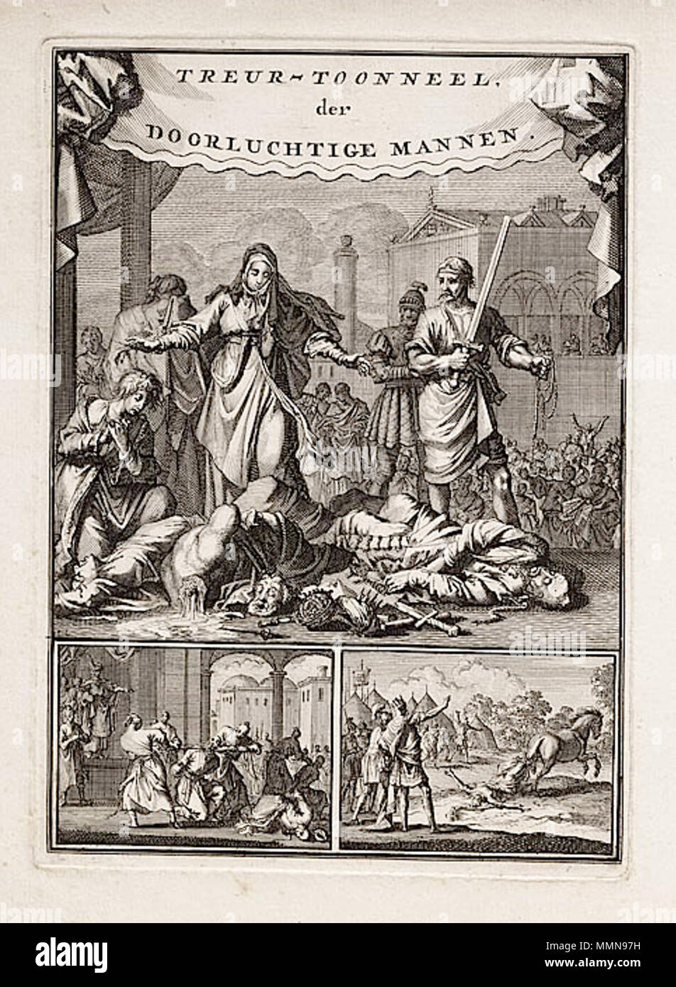 . Englisch: Frontispice aus Treur-Toonneel Der Doorluchtige Mannen, Radierung von Jan Luyken. 02 Frontispice Treur-Toonneel Der Doorluchtige Mannen Stockfoto