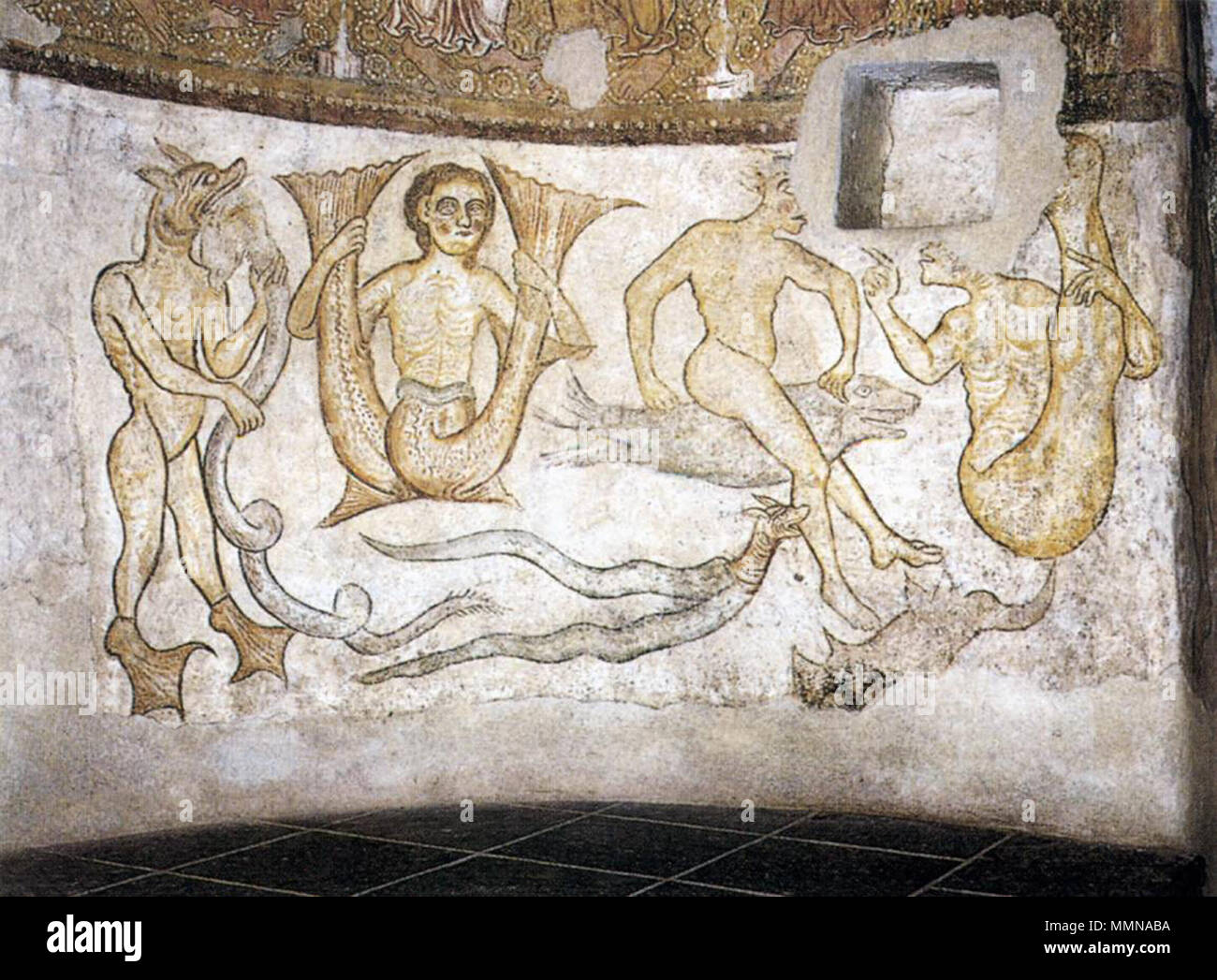 . Dieser Medien zeigt das kulturelle Erbe Denkmal mit der Nummer 17712 in Südtirol. Romanische Fresken von Dämonen in St. Jakobs Kapelle in Kastellaz, Tramin an der Weinstrasse, Südtirol, Italien Englisch: Fabelwesen. ca.1220. 13. Jahrhundert unbekannte Maler - Fabelwesen - WGA 19689 Stockfoto