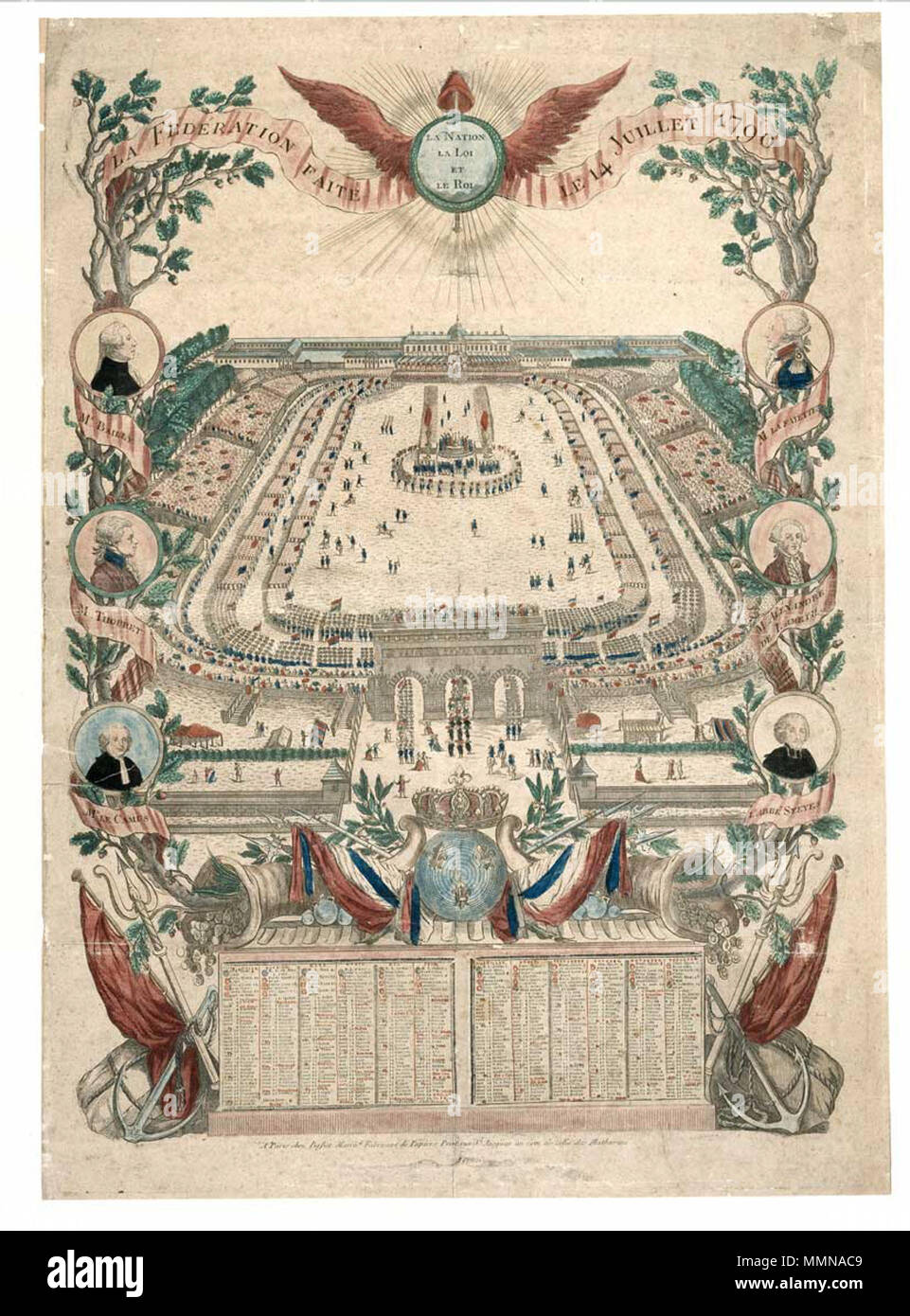 . Français: Tiefdruck Kapitel: 'La Fédération faite Le 14 juillet 1790". "Almanach Gießen 1791'. "Paris, chez Basset, marchand Hersteller de Papiers peints, Rue Saint-Jacques Au Coin de Celle des Mathurins'. Cette Tiefdruck représente La Fête de la Fédération sur le Champ de Mars, des médaillons contiennent les Portraits de La Fayette, Bailly, Lameth, Sieyès, Thouret et Camus. . 1791. 14 juillet 1790 Stockfoto