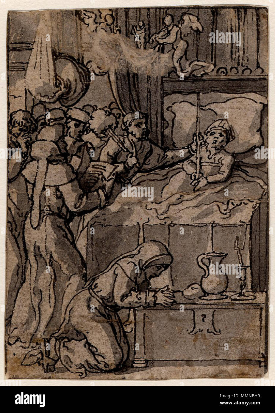 Eine sterbende Bischof im Bett mit einer Gruppe von Mönchen. ca. 1527 - 1550. Pieter van Aelst Coeck - eine sterbende Bischof im Bett mit einer Gruppe von Mönchen Stockfoto