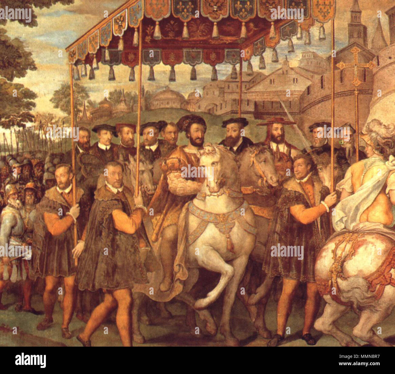 . Die feierliche Eingang von Kaiser Karl V. und Franz I. von Frankreich, und von Kardinal Alessandro Farnese in Paris im Jahre 1540. . Zwischen 1557 und 1566. Taddeo Zuccari (1529 - 1566) Beschreibung italienischer Maler Geburtsdatum / Tod 1 September 1529 2.September 1566 Ort der Geburt / Todes Sant'Angelo in Vado, März von Ancona Rom Arbeitsort Rom, Urbino, Pesaro Authority control: Q 434058 VIAF:?:? ISNI 12575251 0000 0001 2021 0951 ULAN:?? n 500011296 LCCN: 80014948 NLA:? 47055408 WorldCat Franz I. und Karl V. Stockfoto