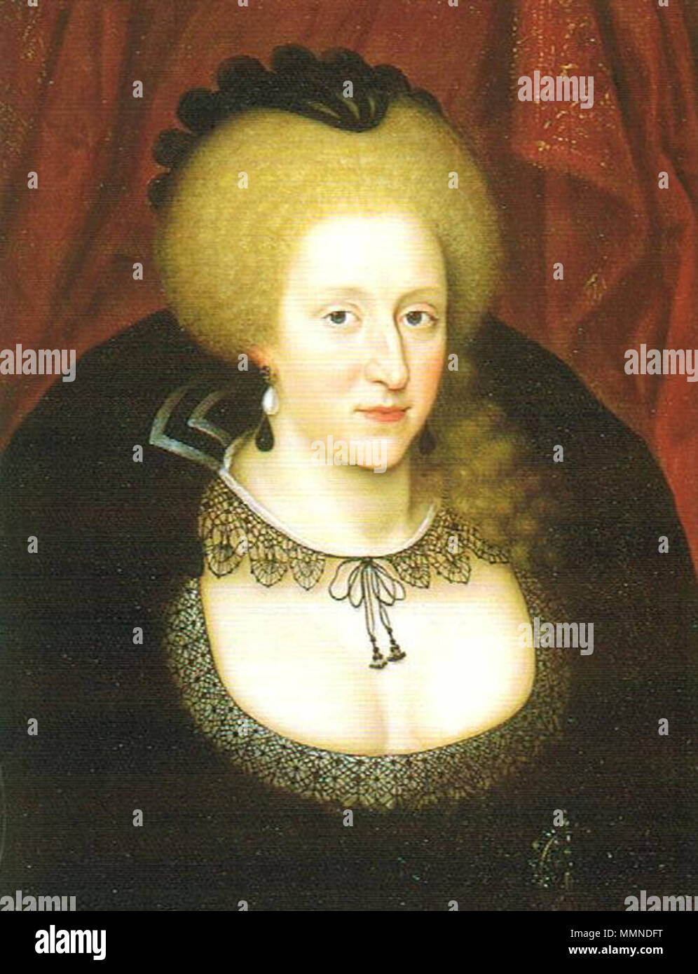 . Englisch: Die Königin trägt schwarze, wahrscheinlich in der Trauer um ihren Sohn, Heinrich, Prinz von Wales, der 1612 starb. Portrait von Anna von Dänemark. Jahrhundert, ca. 1612. Anna von Dänemark den Tod ihres Sohnes Henry 1612 Stockfoto