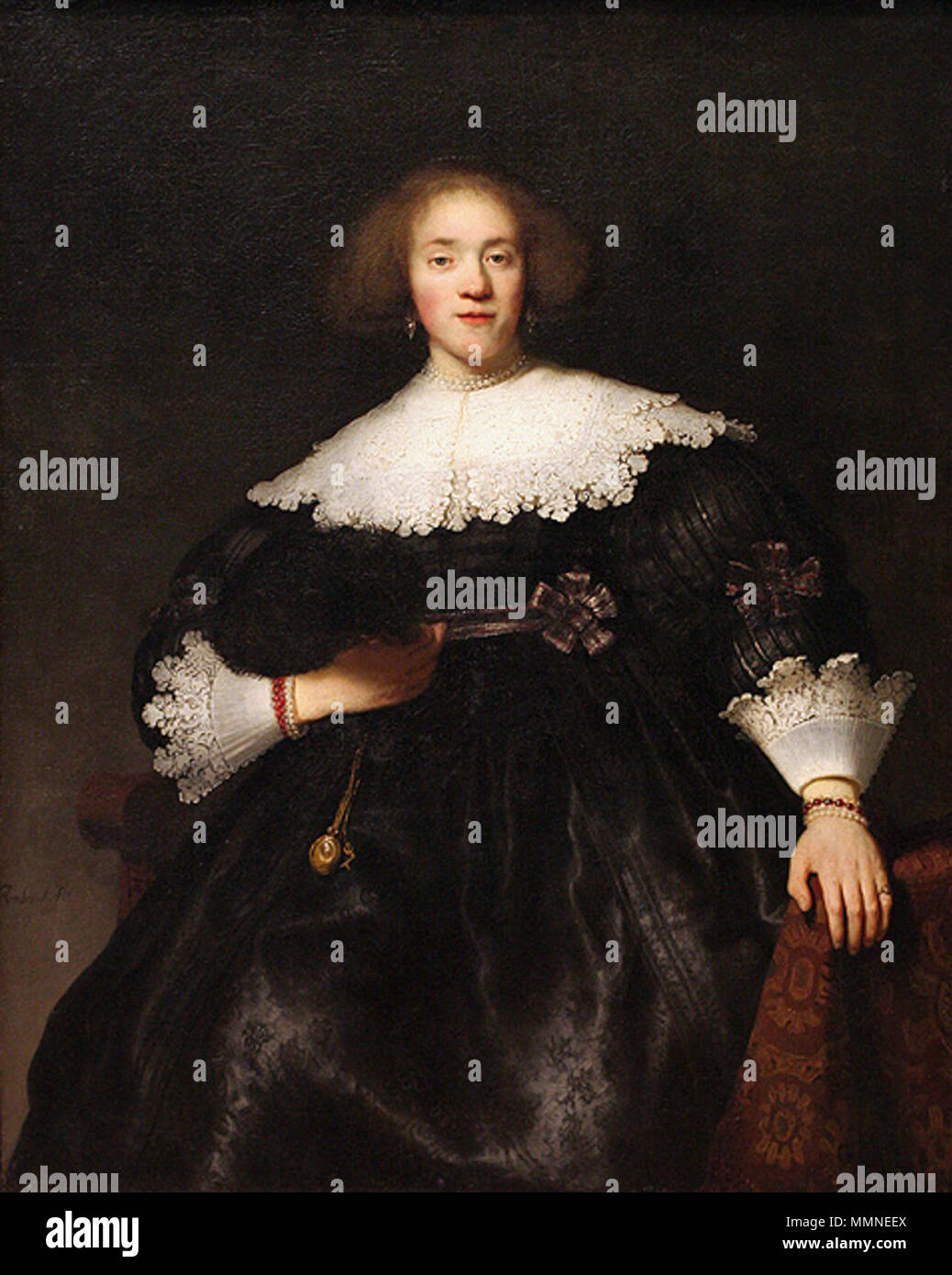 . Anhänger der Datei: Rembrandt - Portrait eines Mannes, der sich von seinem Stuhl - 1633.jpg Porträt einer jungen Frau mit einem Ventilator. 1633. Rembrandt, Portret van een Jonge vrouw met waaier, 1633, Metropolitan Museum of Art, New York City Stockfoto