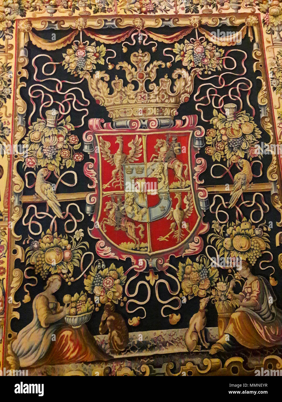 Wandteppich mit dem Wappen von Anna Katharina Bodensee Vasa (Detail).. vor 1642. Flandern Wandteppich mit dem Wappen von Anna Katharina Bodensee Vasa (Detail) 01. Stockfoto