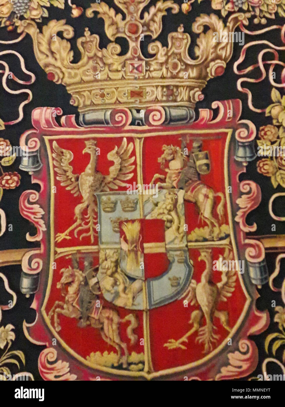 Wandteppich mit dem Wappen von Anna Katharina Bodensee Vasa (Detail).. vor 1642. Flandern Wandteppich mit dem Wappen von Anna Katharina Bodensee Vasa (Detail) 02. Stockfoto