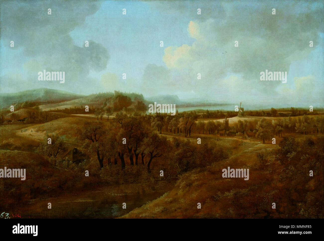 Landschaft mit Windmühle.. zweiten Hälfte des 17. Jahrhunderts. Haarlem der Ältere Landschaft mit Mühle Stockfoto