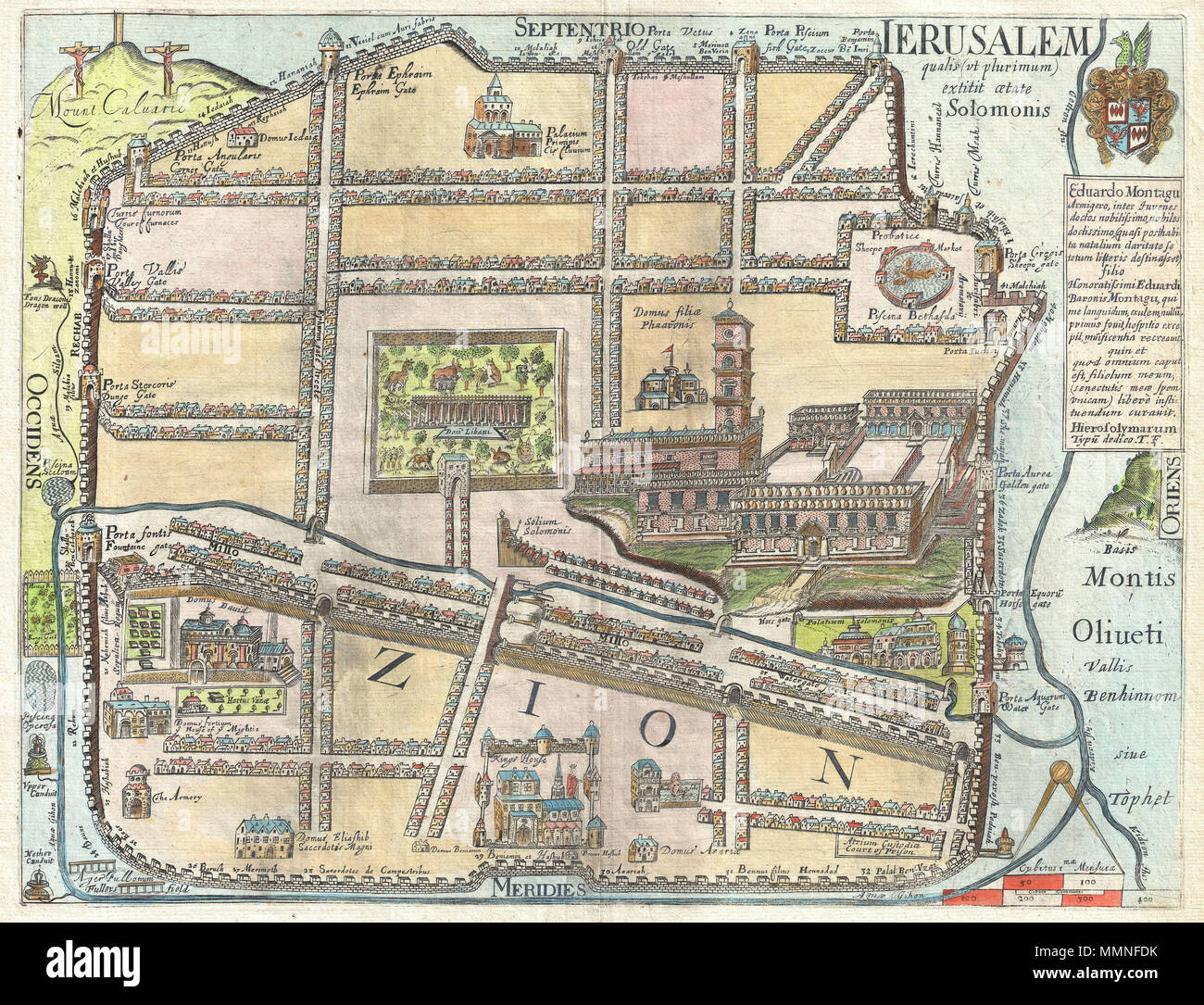 . Englisch: Eine äußerst seltene und faszinierende Insgesamt 1650 Karte von Jerusalem von Thomas Fuller. Zeigt die alte Stadtmauer von Jerusalem aus der Regierungszeit des biblischen Königs Salomo, Ca. 961-922 BC. Insgesamt ist dies eine phantasievolle Karte der Stadt und wahrscheinlich trägt keine bedeutende Ähnlichkeit mit Jerusalem, Salomos. Salomos Tempel erscheint an der rechten Mitte mit einem hohen Glockenturm und ein hoch Renaissance europäischen Design. In der Mitte, etwa, wo die Kirche der Heiligen Grabstätte heute befindet, ist Solomon's Menagerie. Die Bäder von Bethesda, in dem ein Engel schwimmt, Stockfoto
