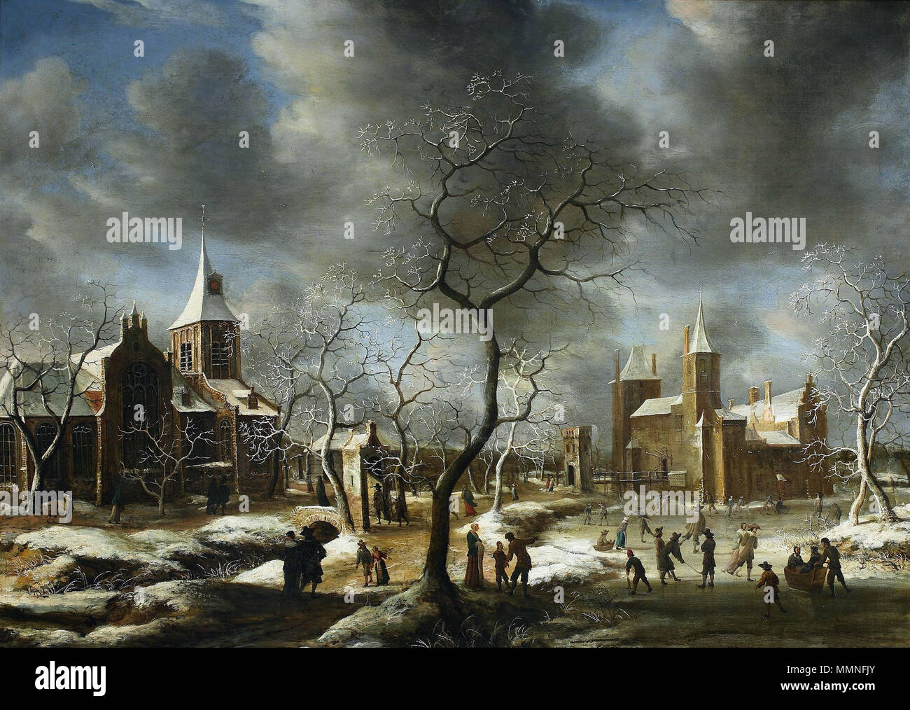 Winterlandschaft mit Skater.. 1650. Beerstraaten Winterlandschaft mit Skater Stockfoto