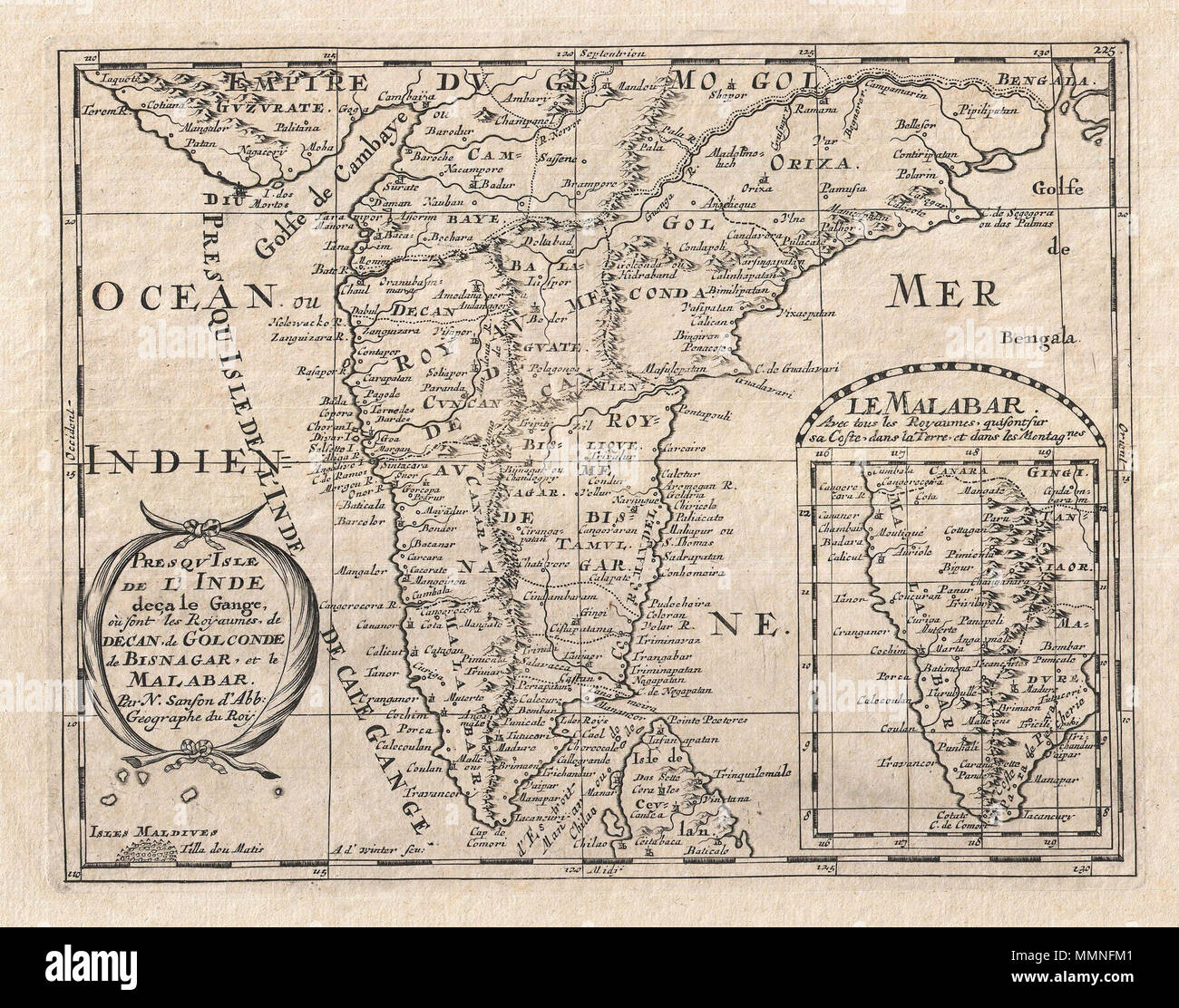 . Englisch: Ein kleiner, aber attraktiver 1652 Karte von Indien durch die Französische Kartograph Nicholas Sanson. Abdeckungen der Subkontinent in der Bucht von Bengalen und den Golf von Cambay auf Ceylon (Sri Lanka). Bietet eine beeindruckende Detail gegeben, dass das Innere von Indien war weitgehend unbekannt in den Westen, bis die britische Umfrage des späten 18. Jahrhunderts. Die große Mogul Reich breitet sich über den nördlichen Teil der Karte. Weiter südlich die Königreiche von Deccan, Malabar, Bisnagar und Golconda, unter anderem werden zur Kenntnis genommen. Ein Indiz dafür, wie gerade aus der aktuellen europäischen Kenntnisse dieser Region war, die meisten dieser Königreiche ha Stockfoto