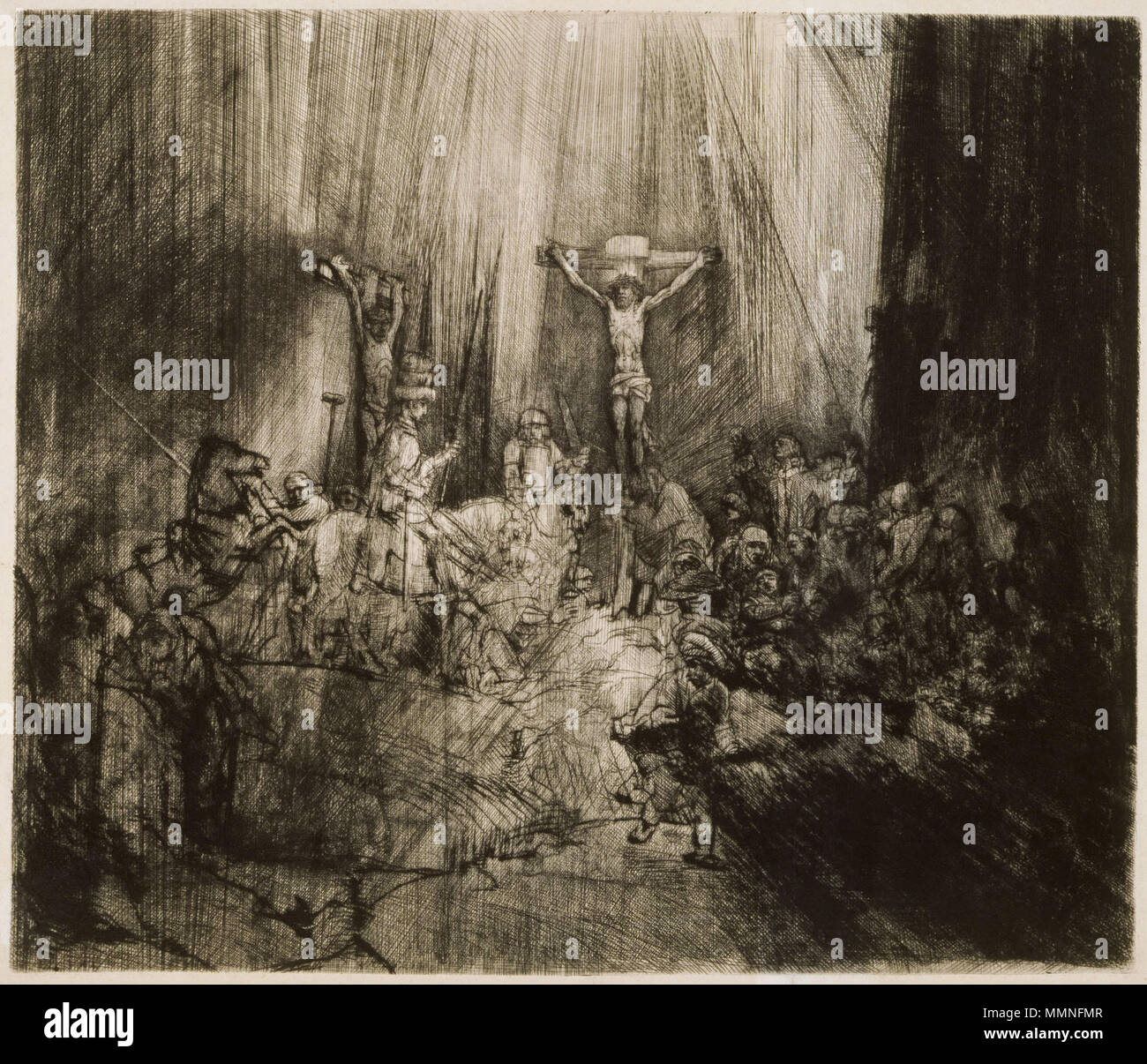 . Englisch: Rembrandt van Rijn, niederländischer, 1606 - 1669 den gekreuzigten Christus zwischen zwei Dieben (Die Drei Kreuze), 1653-55 Drypoint und Burin, vierte von fünf Mitgliedstaaten Platte: 38,5 x 45,0 cm. (15 3/16 x 17 11/16 in.) Blatt: 43,4 x 48,4 cm. (17 1/16 x 19 1/16 in.) Gabe von David H. McAlpin, Klasse von 1920, und Frau McAlpin in Erinnerung an Professor Clifton R. Halle x 1969-310 Bartsch 78. Zwischen 1653 und 1655. Rembrandt (1606 - 1669) Alternative Namen Rembrandt van Rijn, Geburt Name: Rembrandt Harmenszoon van Rijn, Rembrandt Harmensz. van Rijn Beschreibung niederländische Maler, Grafiker und Zeichner Dat Stockfoto