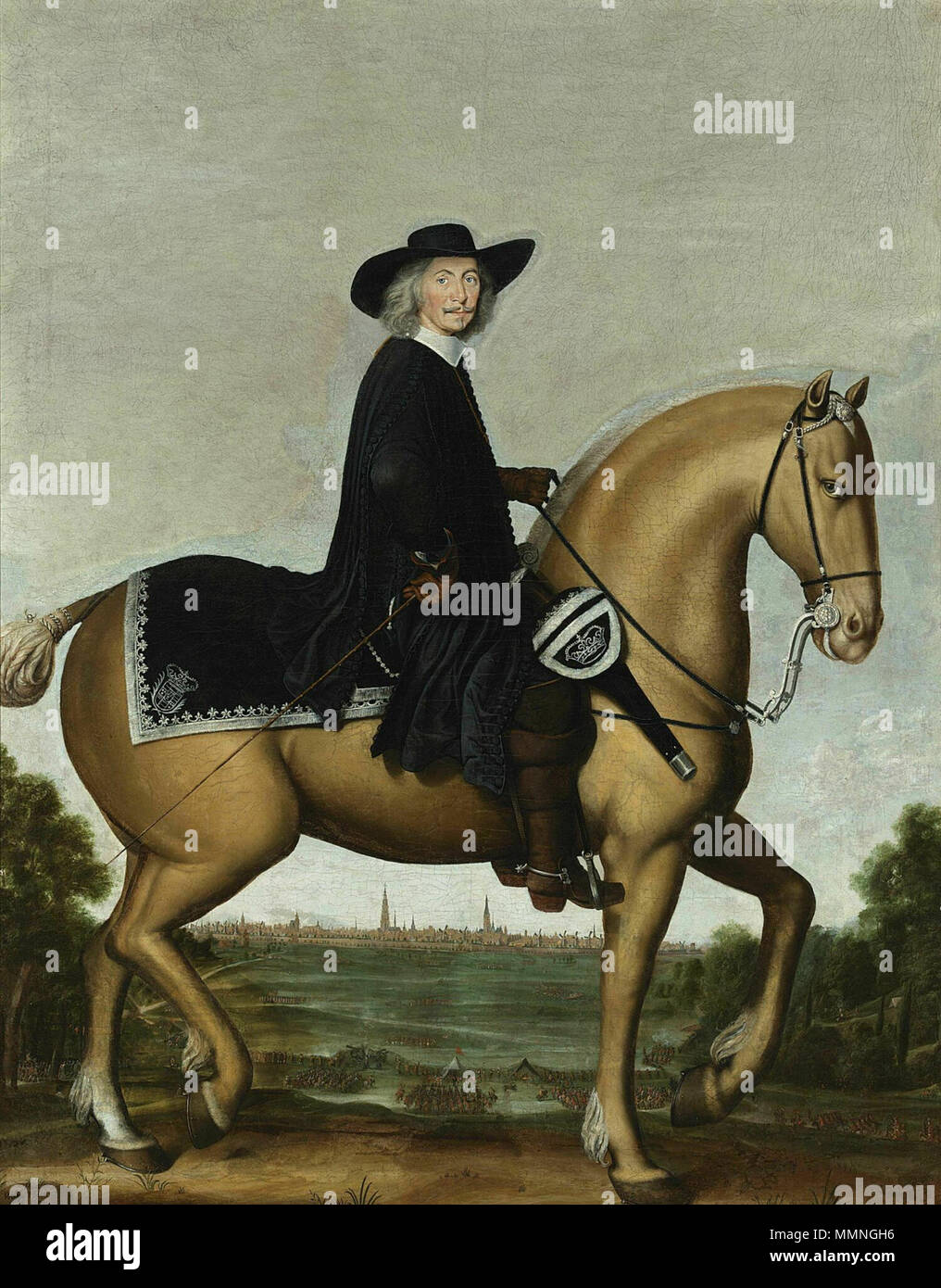 . Nederlands: Portret van Bernhard von Galen, Bisschop Van Munster te Paard met Op de achtergrond de stad Groningen Portrait von Bernhard von Galen. 1674. Christoph Bernard von Galen auf Pferd von Wolfgang Heimbach Stockfoto