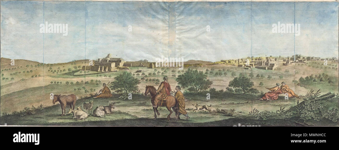 . Englisch: eine seltene 1698 Blick auf Bethlehem des holländischen Malers Cornelius de Bruijin. Zeigt die Stadt sowie den nahe gelegenen Herding Grundstück. Arabische Reiter, Sonnenliegen und ein Jagdhund durchstreifen im Vordergrund. Diese Ansicht wurde wahrscheinlich im Geheimen während der zweiten de Bruijin's World Tour gemacht. Das Heilige Land wurde dann unter der Kontrolle des Osmanischen Reiches, die strenge Beschränkungen für Pilger und Touristen aus Europa eingeführt. Es ist höchst unwahrscheinlich, dass de Bruijin erlaubt gewesen wäre, Skizzen der Region offen zu machen. Bethlehem. 1698 (undatiert). 1698 de Bruijin Blick auf Bethlehem, Palästina (Israel, Stockfoto