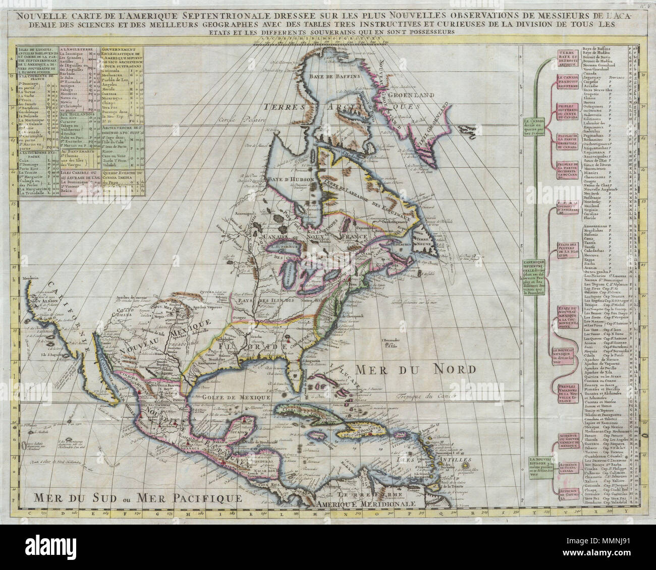 . Englisch: Hier Angeboten ist eine atemberaubende Karte von Nordamerika veröffentlicht von Henry 13007 für die 1720 Ausgabe seiner bahnbrechenden Atlas Historique. Bietet einige der ersten gut entwickelten Kartographie der Region der Großen Seen und ausführlich an der Ostküste. Indianerstämme, Spanischen Missionen und Explorer sind alle mit unterschiedlichem Grad der Genauigkeit angegeben. enthält Verweise auf mehrere mythische Königreiche und Städte einschließlich Quivra (Quivira) westlich des Mississippi und Cibola in New Mexiko. Beide Quivira und Cibola sind unter den "Sieben Städten aus Gold" nach durch Ohr gesucht Stockfoto