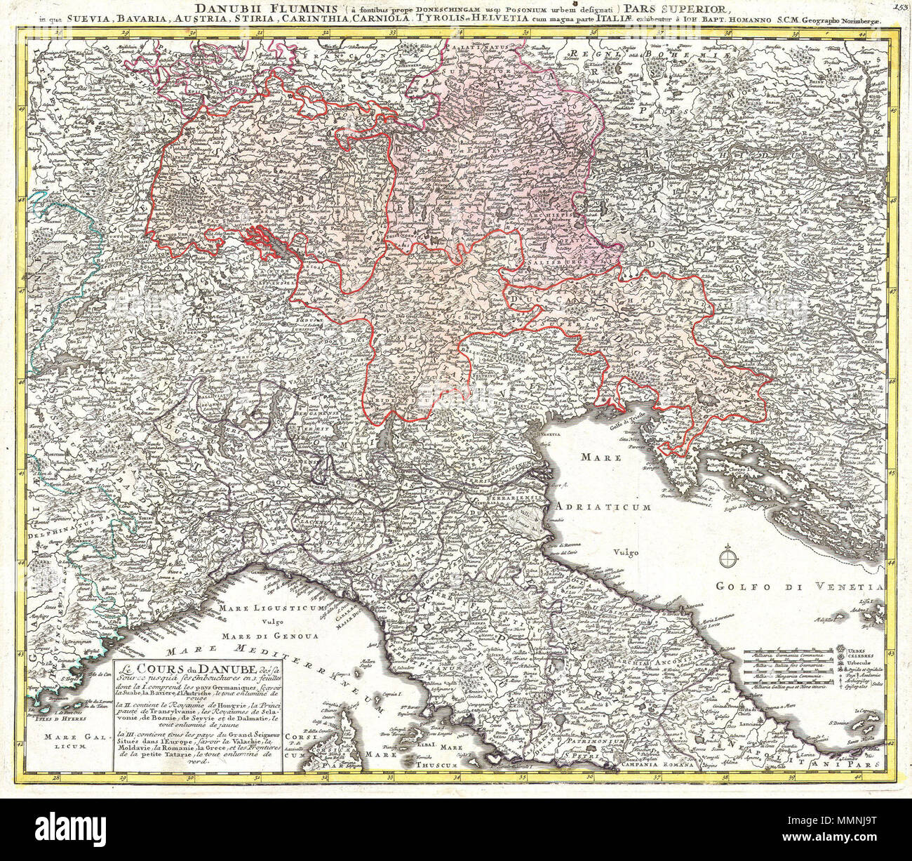 . Englisch: Eine atemberaubende Karte von den nördlichen Teil von Italien. Die Schweiz und Teile Deutschlands. Abdeckungen aus Rom in den Süden, Norden so weit wie Bayern und Böhmen, in die Provence im Westen und modernen Albanien im Osten. Diese sehr detaillierte Karte wurde konstruiert, um die westlichen Extant der Donau zu illustrieren. Gedruckte C. 1720. Danubii Fluminus (a fontibus Eige n tum vor Doneschingam usq Posonium urbem defignati) Pars Superior, in qua Suevia, Bayern, Asturien, Stiria, Kärnten, Krain, Tyrolis et Helvetia com Magna parte Italiae exhibentur ein Ioh. Bapt. Norimbergae Geographo Homanno S.C. M... 1. Stockfoto