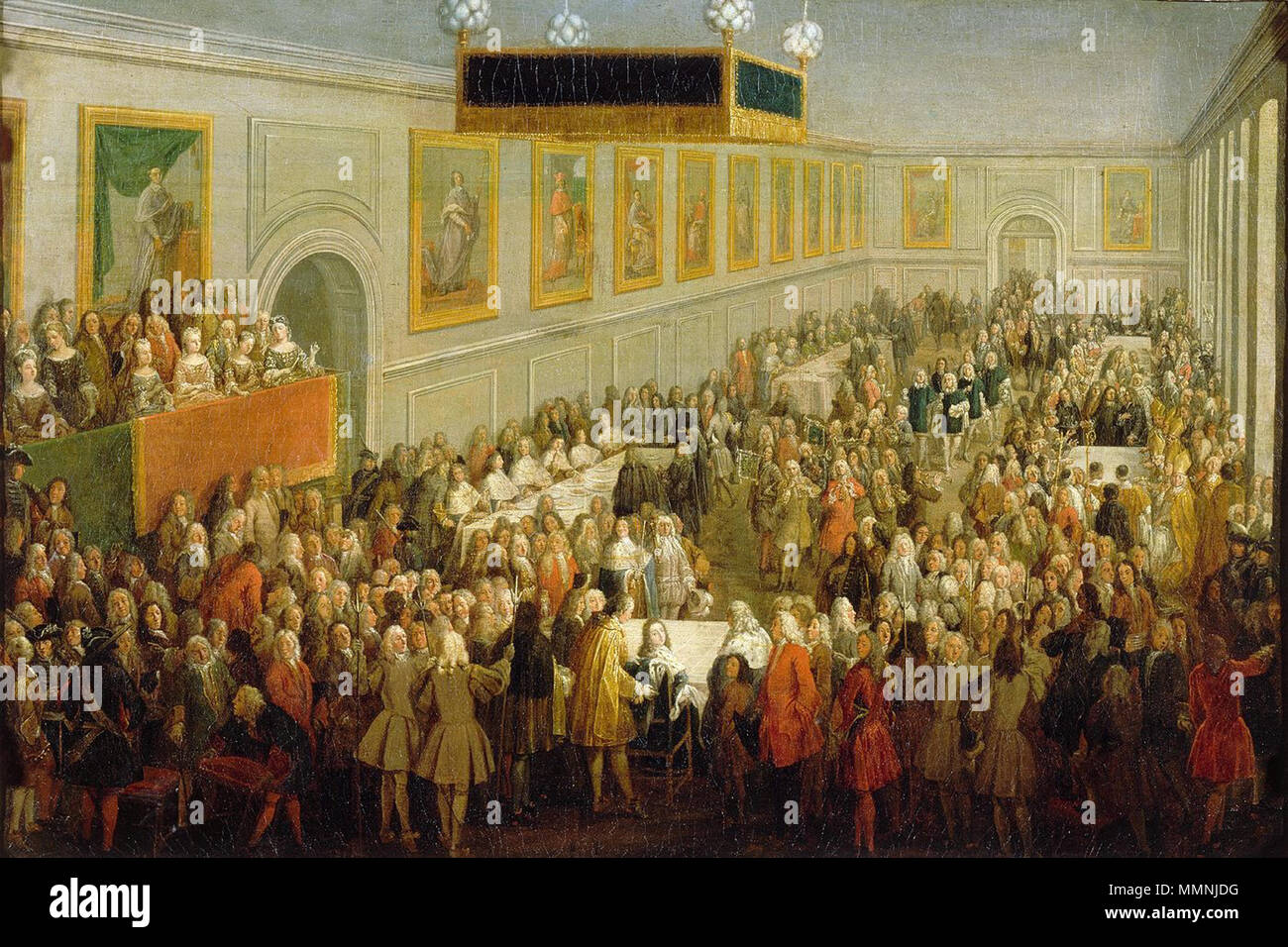 . Français: Le Bankett du Sacre de Louis XV ein Reims, 25 Octobre 1722 se déroulant en la Salle du Bankett du Palais du Tau. Englisch: Fest nach der Krönung Ludwigs XV. von Frankreich. 1722. FeastCoronationLouisXV Stockfoto