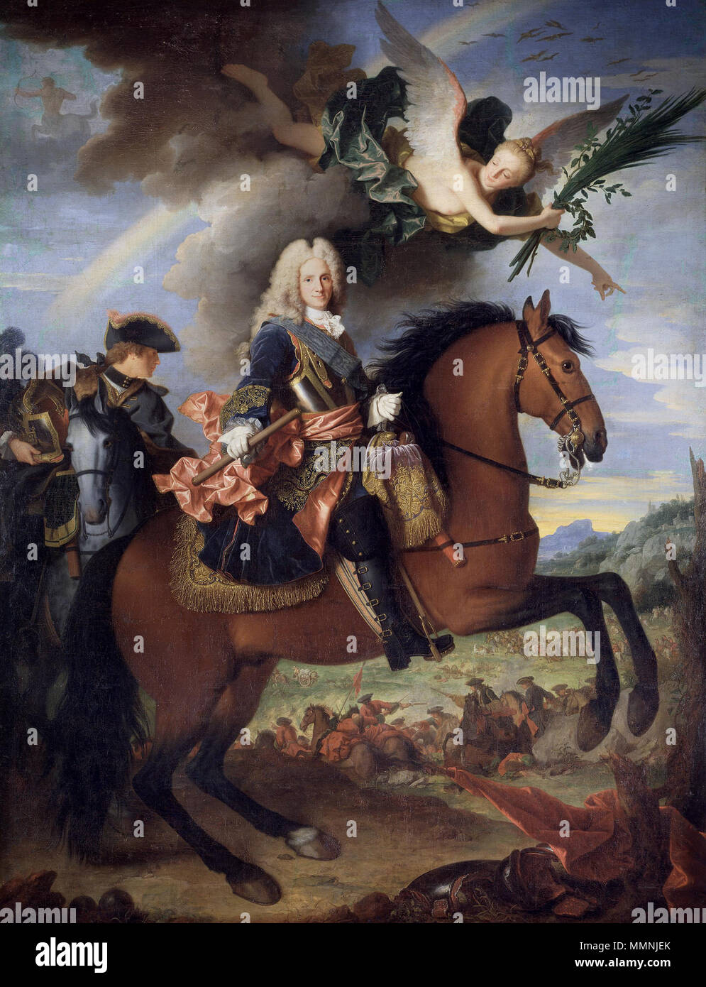 . Español: Felipe V de España, Llamado el Animoso (1683 - 1746) fue rey de España desde el 15 de Noviembre de 1700 Hasta su Muerte, sucesor del último monarca Habsburgo de España, su Tío-abuelo Carlos II, y Primer monarca de la dinastía Borbón. Su reinado de 45 años y 21 Días es el más dilatado de la monarquía Hispánica. Englisch: Philipp V. von Spanien (19. Dezember 1683 - vom 9. Juli 1746), geborene Philippe de Frankreich, Fils de France und Duc d'Anjou, war König von Spanien von 1700 bis 1724 und von 1724 bis 1746, die ersten von den Bourbonen in Spanien. Philip war der zweite Sohn von Louis, le Grand Dauphin und M Stockfoto