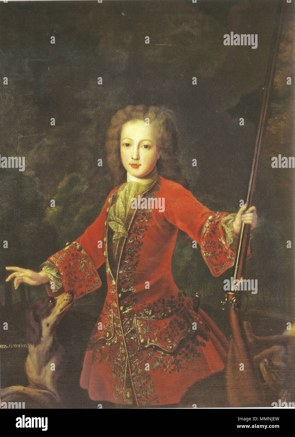 . Englisch: Die Zukunft Kaiser Franz Stephan, hier ein Prinz von Lothringen in seine Jagd Kleidung. Deutsch: Franz I. Stephan, Kaiser des Heiligen Römischen Reiches, 15 Jahre. Franz Stephan, Kaiser des Heiligen Römischen Reiches, 15 Jahre alt.. zwischen 1723 und 1724. Franz I., Kaiser des Heiligen Römischen Reiches im Alter von 15 Jahren Stockfoto