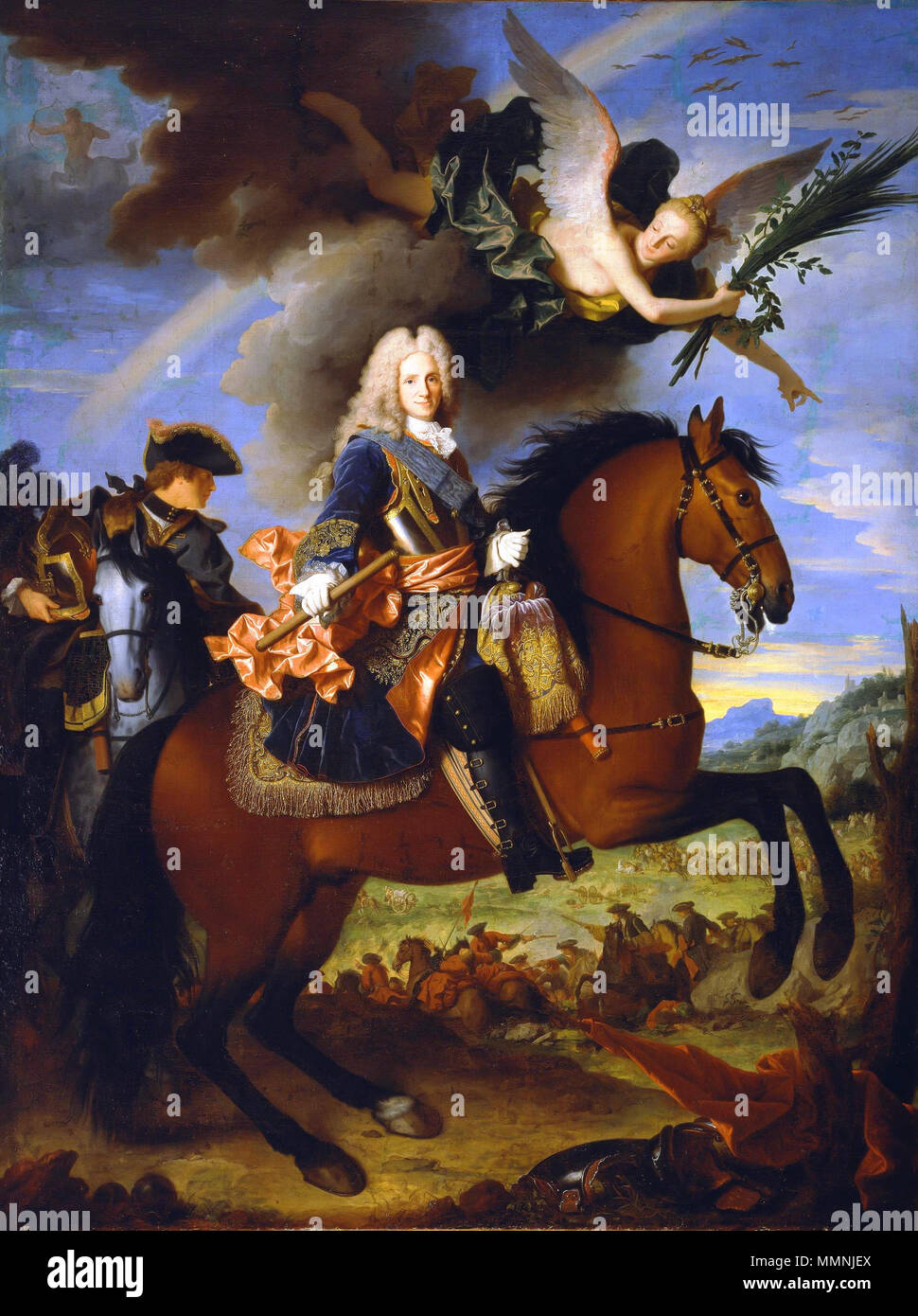 . Español: Felipe V de España, Llamado el Animoso (1683 - 1746) fue rey de España desde el 15 de Noviembre de 1700 Hasta su Muerte, sucesor del último monarca Habsburgo de España, su Tío-abuelo Carlos II, y Primer monarca de la dinastía Borbón. Su reinado de 45 años y 21 Días es el más dilatado de la monarquía Hispánica. Englisch: Philipp V. von Spanien (19. Dezember 1683 - vom 9. Juli 1746), geborene Philippe de Frankreich, Fils de France und Duc d'Anjou, war König von Spanien von 1700 bis 1724 und von 1724 bis 1746, die ersten von den Bourbonen in Spanien. Philip war der zweite Sohn von Louis, le Grand Dauphin und M Stockfoto