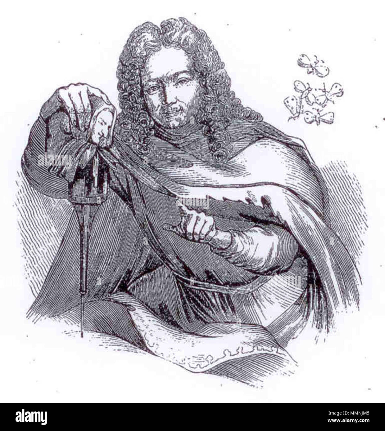 . Français: Portrait de Francois Aymon 1 Äh, généralissime du Régiment de la Kalotte, Société festliche et carnavalesque Parisienne fondée En 1702. Portrait von Francois Aymon († 1735). 1726, gravé En 1841. Aymon 1er, par Coypel jeune, Magasin Pittoresque 1841 Stockfoto