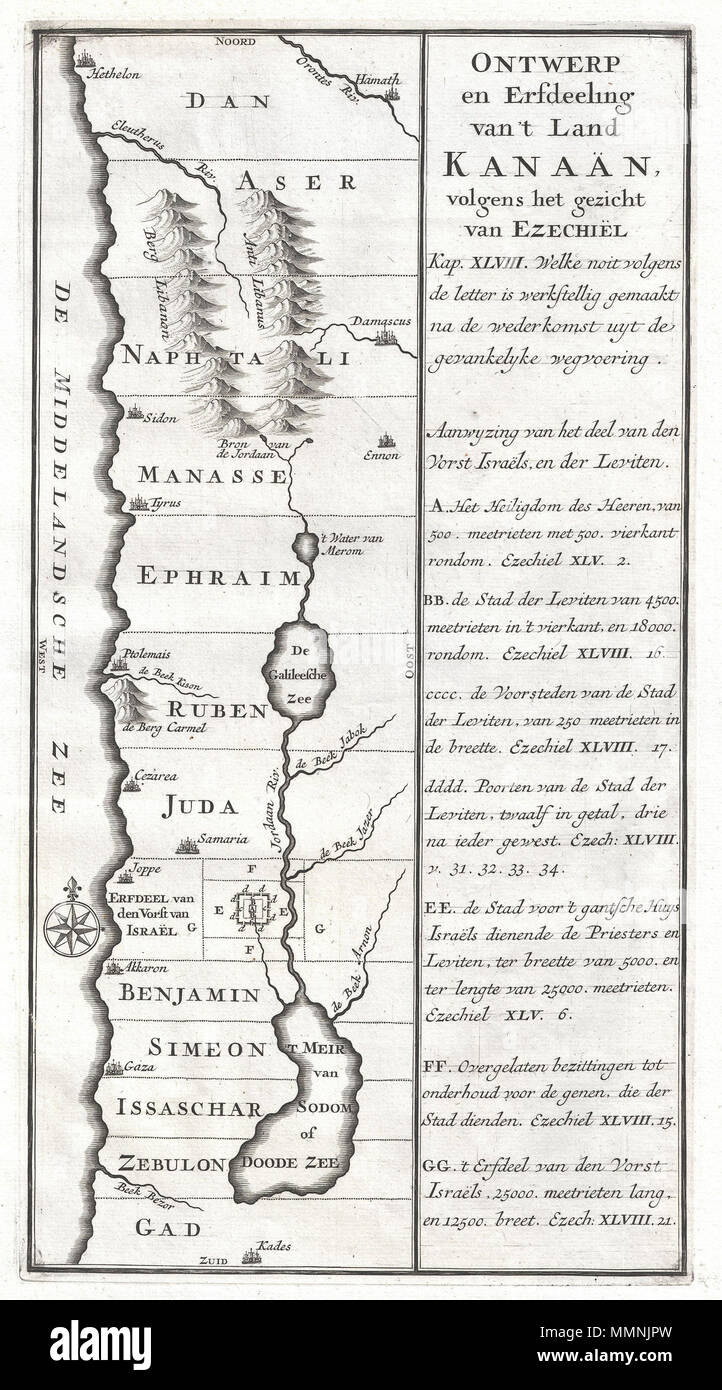 . Englisch: Eine extrem seltene c. 1729 Karte des alten Israel. Wahrscheinlich gezeichnet von der Niederländischen Stecher Schryver, diese Karte zeigt Israel von Hethelon im Norden bis nach Kadesch, südlich des Toten Meeres. In den Bereichen, die durch die zwölf Stämme von Israel kontrolliert, aus dem Norden das sind Dan, Aser, Naftali, Manasse, Ephraim, Ruben, Juda, Benjamin, Simeon, Issaschar, Zebulon und Gad. Zeigt einige wichtige Städte wie Jerusalem, Gaza, Cezarea (Caesarea), Damaskus, Tyrus (Reifen), Joppe (Jaffa in der Nähe das moderne Tel Aviv), etc. auf der rechten Seite der Karte ist zum alttestamentlichen Zitaten gewidmet, Stockfoto