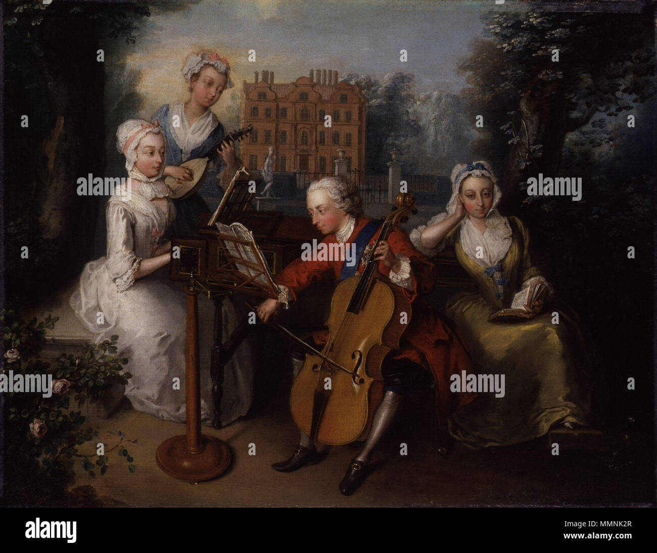 . Englisch: In diesem Porträt der 26-jährige Prinz wird gezeigt, spielt das Cello mit drei seiner jüngeren Schwestern; von links nach rechts, Anne, Princess Royal (Alter 24) Am harpsicord, Prinzessin Caroline (Alter 20) zupfen ein mandora (eine Form der Laute) und Prinzessin Amelia (Alter 22) Lesen von Milton. Links Im Hintergrund ist der niederländische Haus oder Kew Palace in Kew, wo Anne vor ihrer Heirat im Jahr 1734 mit Prinz Wilhelm von Oranien lebte. Der Vorschlag der Harmonie zwischen den Geschwistern täuscht über die antipathie sich mit seiner Familie für Friedrich; es wird gesagt, dass er kaum auf das Sprechen mit Anne im Jahr Stockfoto
