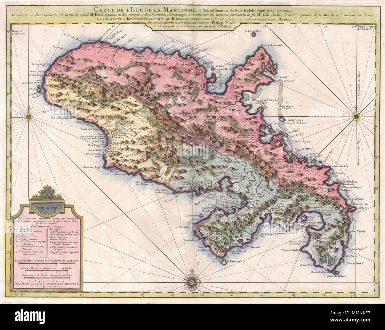 . Englisch: ein wunderschönes Beispiel von 1742 Covens & Mortier's Karte der französischen Kolonie Martinique in der Karibik. Zeigt die Insel Martinique gliedert sich in drei Abschnitte, zwei im Süden und im Norden. Umfasst sowohl die politischen und topographischen Informationen. Wunderschön gefärbt. Auf die Arbeiten von Guillaume de L'ISLE (1675-1726) und Philippe BUACHE (1700-1773). Für die 1742 Ausgabe des Covens und Mortier Atlas Nouveau vorbereitet. Carte de l'Isle de la Martinique, colonie Francoise de l'une des Isles Antillen de l'Amerique. Dressee sur des Pläne manuscrits Entr'autres Su Stockfoto