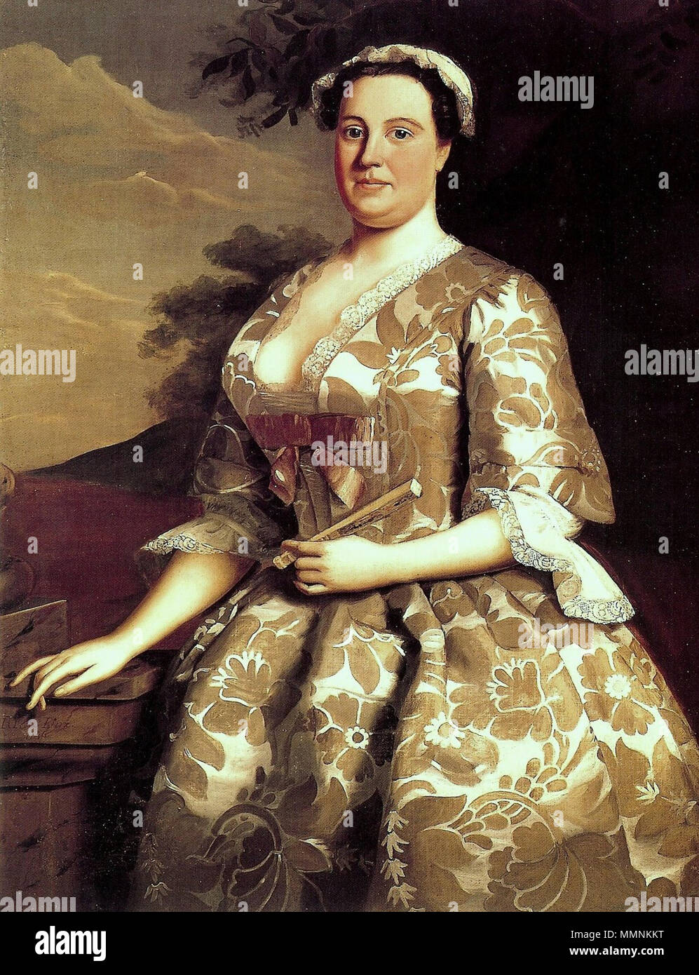 . Frau Willis trägt ein Kleid in importierten Spitalfields seide brokat von Ann Maria Garthwaite im Juni 1743 entwickelt (das Aquarell Design für die Seide überlebt). Englisch: Porträt von Frau Charles bereit. 1746. Frau Charles bereit, von Robert Feke 1746 Stockfoto