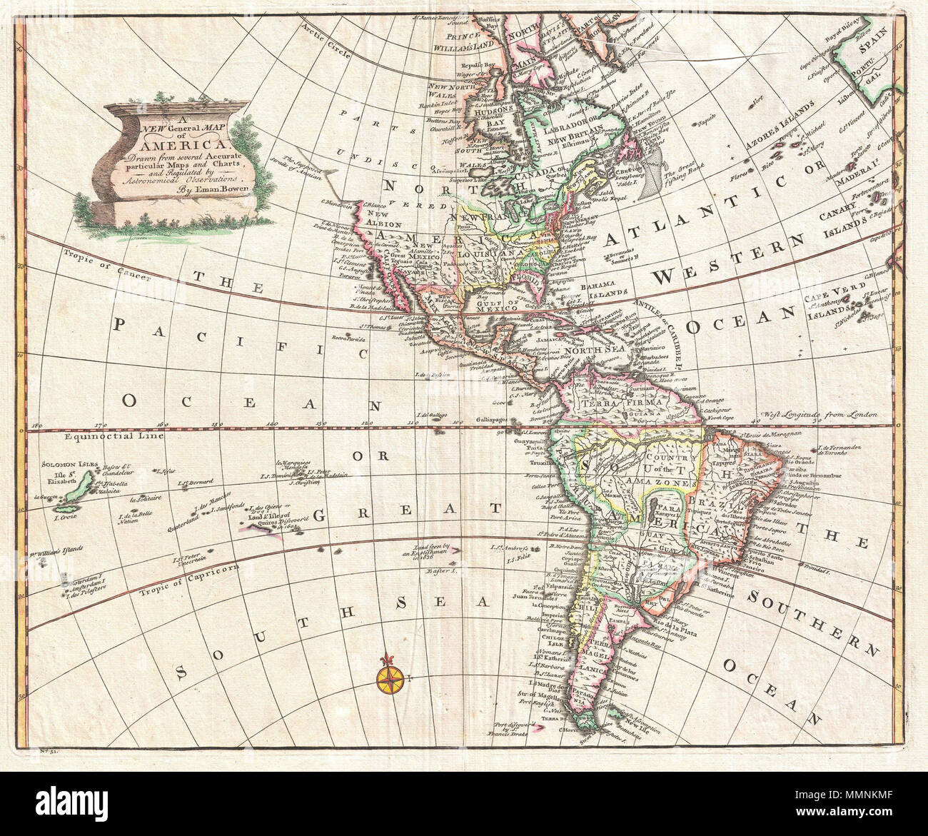 . Englisch: Eine atemberaubende 1747 dekorative Karte der westlichen Hemisphäre durch E.Bowen. Umfasst Nord- und Südamerika sowie viel von der Pazifischen und Atlantischen so weit wie Spanien und den Kanarischen Inseln. Details Amerika während der Kolonialzeit. In Nordamerika, England steuert die Kolonien entlang der Ostküste des Kontinents und der Hudson Bay. Frankreich befindet sich in Louisiana, Teile von Kanada und der Region der Großen Seen. Spanien steuert den westlichen Teil des Kontinents sowie Florida, Mexiko, die meisten der West Indies und, mit Ausnahme der portugiesischen Brasilien, alle von Süden bin Stockfoto