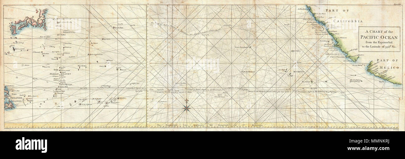 . Englisch: Dies ist eine seltene 1748 nautische Karte des Pazifischen Ozeans durch die englische Karte Verlag R. W. Seale. Diagramm enthält die Handelswege von spanischen Galeonen aus Acapulco, Mexiko nach Manila auf den Philippinen verwendet. Insbesondere dieses Diagramm zeigt die Reisen der Spanischen Nostra Seigniora de Cabadonga und die britische Marine Commodore George Anson. Anson führen eine schlecht ausgestattete Expedition in den Pazifik mit der Mission spanischen Herrschaften in Südamerika in Angriff zu nehmen. Obwohl er in dieser Mission gescheitert, Anson hat in der Erfassung der Spanischen Schatz Galeone aus Cape Espiritu Santo am 2. Juni folgen Stockfoto
