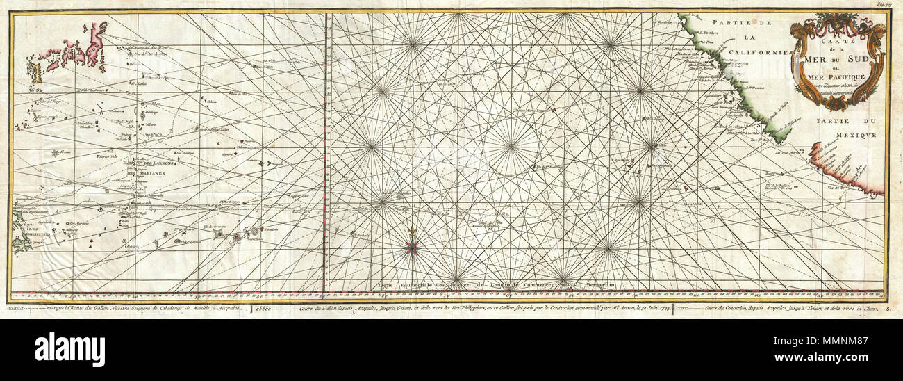 . Englisch: Dies ist eine seltene 1750 nautische Karte des Pazifischen Ozeans durch die französische Karte Verlag N. Bellin. Horcht auf das große Zeitalter der Pazifischen Piraterie und privateering. Auf eine ähnliche Tabelle basieren, in Englisch bereit, drei Jahre zuvor von Seale. Diagramm enthält die Handelswege von spanischen Galeonen aus Acapulco, Mexiko in Richtung Manila auf den Philippinen verwendet. Insbesondere dieses Diagramm zeigt die Reisen der Spanischen Nostra Seigniora de Cabadonga und die britische Marine Commodore George Anson. Anson führen eine schlecht ausgestattete Expedition in den Pazifik mit der Mission spanischen Herrschaften in Angriff zu nehmen Stockfoto