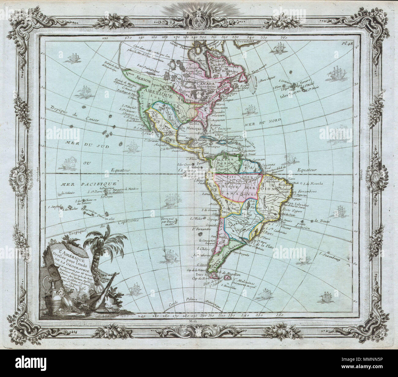 . Englisch: Dies ist eine seltene und elegant produzierte Karte 1764 Amerikas durch französische Kartograph Louis La Tour-de-Peilz. Zeigt den gesamten Nord- und Südamerika mit einigen interessanten kartografische Funktionen. Die amerikanische Nordwesten ist weitgehend krank aber sehr eindrucksvollen der Französischen Konzeption einer wasser-Route über Nordamerika definiert. Notationen zeigen eine große "Meer des Westens", aber die genaue Lage des undefiniert gelassen wird. Die Region des Apache indianischen Stamm wird zur Kenntnis genommen. In Südamerika, Bogata wird in "Terre Ferme" und einige frühe koloniale Städte wie Cuzco entfernt Stockfoto