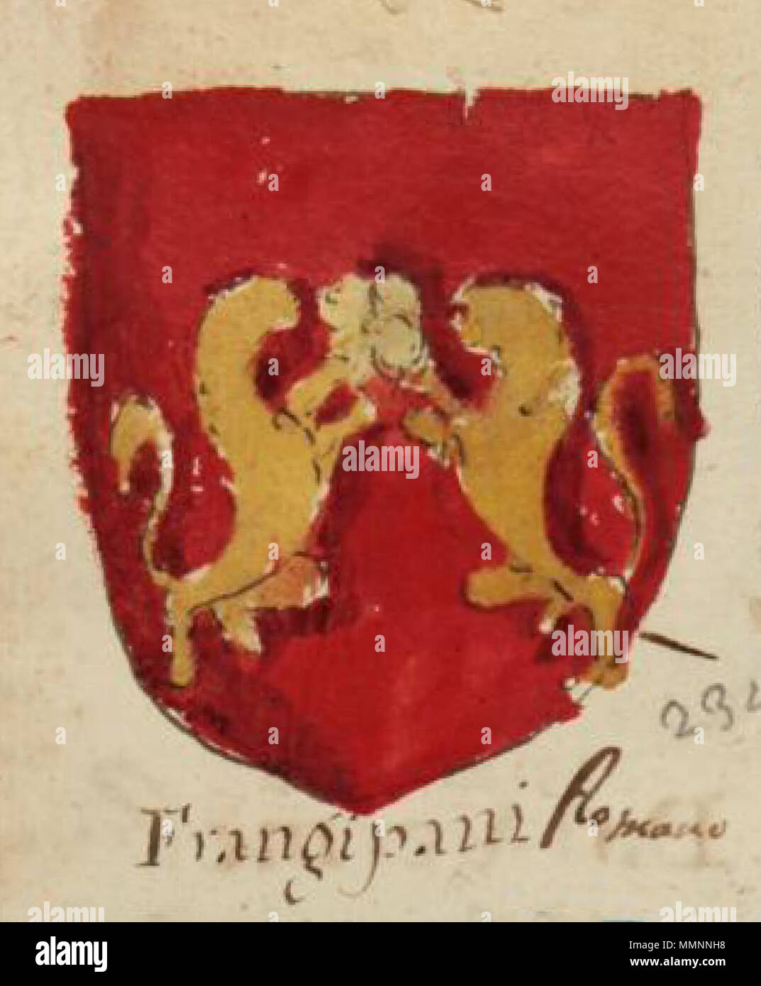 . Englisch: Wappen von Frangipani, aus einem Manuskript von Angelo Maria da Bologna, um 1700, Modena, Italien. . Um 1700. Angelo Maria da Bologna Angelo Maria da Bologna, Araldo nel quale si vedono abzugrenzen e Colorite le Armi de'potentati e sovrani d'Europa, Seite 100 Stockfoto
