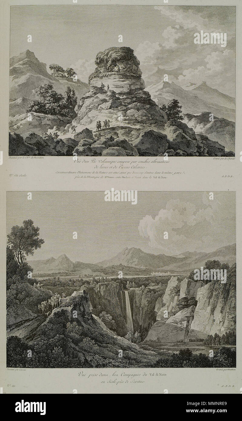 1 (1) Vuë d'un pic volcanique composé par Couches alternativen de Laves et de Pierres calcaires (2) Vuë Hebeln dans les-SAINT-Jean Claude Richard Abbé De - 1786 Stockfoto