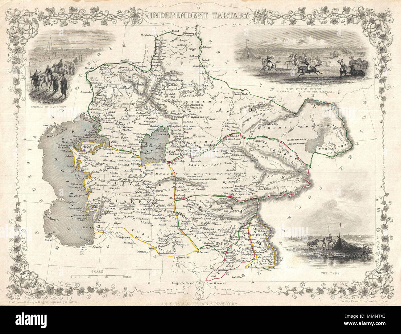 . Englisch: Eine sehr dekorative 1851 Karte von unabhängigen Tartary von John tallis und John rapkin. Umfasst die Regionen zwischen dem Kaspischen Meer und dem See Bakquash sowie zwischen Russland und Afghanistan. Dazu gehören die alte Seidenstraße Königreiche in Chiwa, Tartaria, Kokand und Buchara. Heute ist diese Region in etwa mit Kasachstan, Usbekistan, Turkmenistan, Kirgisistan und Tadschikistan. Diese wundervolle Karte bietet eine Fülle von Details für jedermann mit einem Interesse an der Zentralasiatischen Teil der alten Seidenstraße. Identifiziert die verschiedenen Karawanen, Wüsten, Brunnen, und Haltepunkte, einschließlich der Stadt Stockfoto