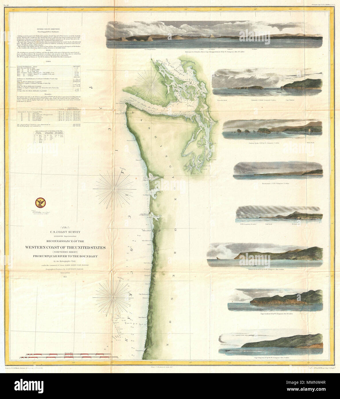 . Englisch: Einer der attraktivsten Küstenkarten für die westlichen Staaten der USA. Eine seltene Hand gefärbt 1855 Küsten Diagramm, in dem die Küste der Vereinigten Staaten im pazifischen Nordwesten, einschließlich der modernen Staaten Washington und Oregon. Karte erstreckt sich von der Oregon-California Grenze nordwärts nach Vancouver Island und der Straße von Juan de Fuca. Verfügt über acht Coastal views: "Cape Perpetua N. von w. ½ W", "Cape Lookout N. von W.", Tillamook Head N. von W. ½ W.", "Sail Rock", "Zerstörung Insel N. W.", "glatten Felsen N.W. von N.", "Tatoosh I. Nord" und "Eingang zum Columbia River, Cape Disappoin Stockfoto