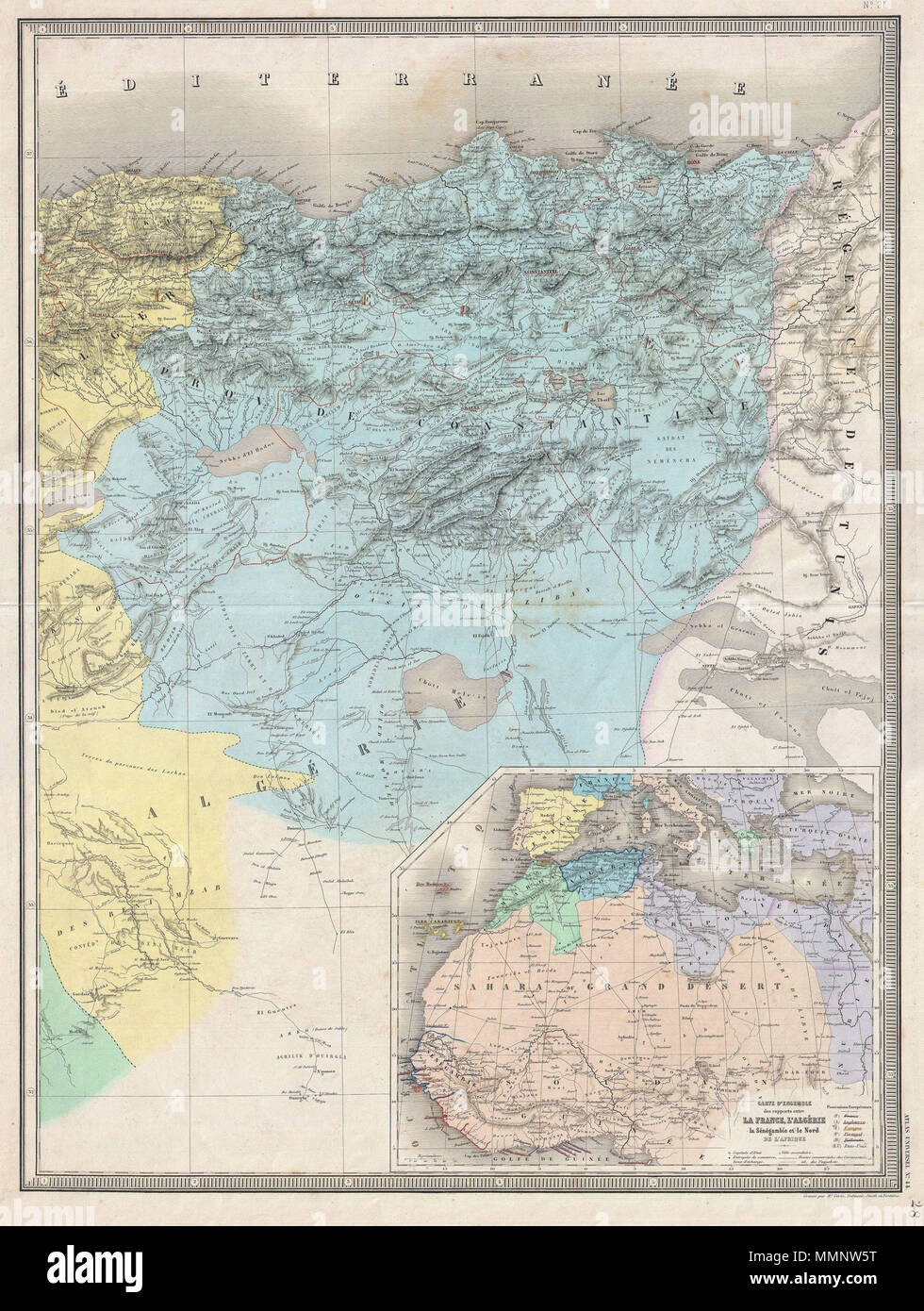 . Englisch: Eine äußerst attraktive und monumental Karte 1857 von Konstantin, Algerien proportioniert durch die Französische Kartograph A. H. Dufour. Zeigt Straßen, Flüsse, Karawanen, Städte, und topographischen Eigenschaften. Eine große Einfügung im unteren rechten Quadranten details europäische Betriebe in Nordafrika. Von Charles Dyonnet als Platte Nr. vorbereitet 44 (abwechselnd Nummern 21 und 28) in A. H. Bavaria's 1857 herausgegeben von der beeindruckenden Elephant Folio Atlas Universel. Untitled.. 1857 (undatiert). 8 1857 Dufour Map von Constantine, Algerien - Geographicus - Constantine - Bavaria-1847 Stockfoto