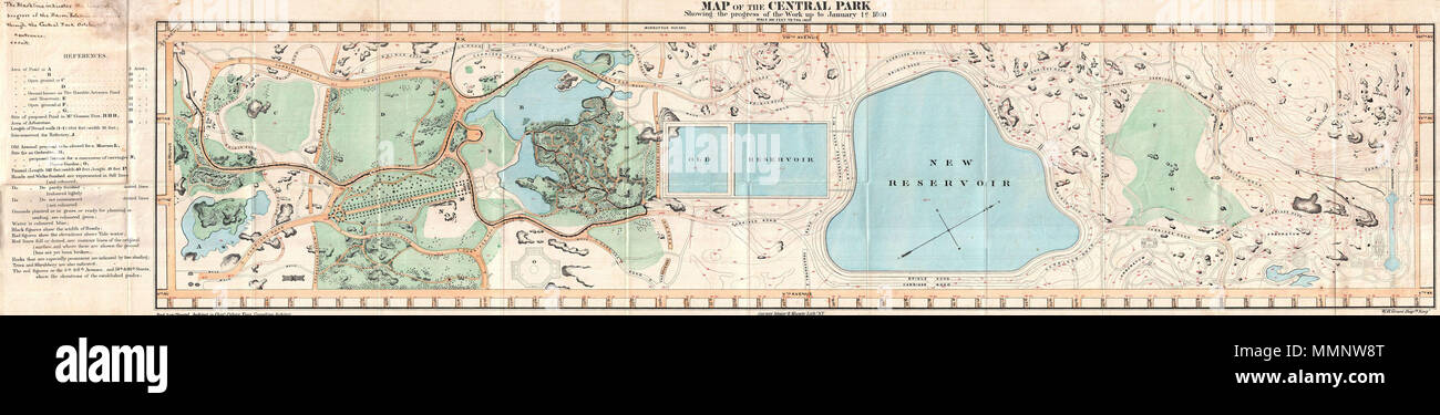 . Englisch: ein sehr attraktives 1860 pocket Karte von New Yorks Central Park. Dies ist ein sehr seltenes Pocket map Variante auf der Karte von Central Park, die später im Jahr 1860 Kommissar der jährlichen Bericht über die Fortschritte der Central Park erschienen. Diese Karte ist nicht in Haskell aufgeführt und nach unserem Wissen war nicht für die Öffentlichkeit im Pocket Format ausgegeben - nur in den jährlichen Bericht des Kommissars. Höchstwahrscheinlich ist nur für die städtischen Beamten tatsächlich in die Planung und den Bau des Central Park zur Verfügung. In diesem Fall, sagte Offizielle war das wichtig, New York Rechtsanwalt A. H. Grün. Diese ex Stockfoto