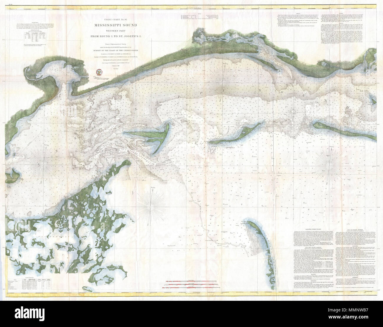 . Englisch: Dies ist eine sehr ungewöhnliche und selten 1860 U.S. Coast Survey Chart oder Karte der westlichen Teil des Mississippi Ton gesehen. Deckt die Küste von Mississippi in etwa von St. Joseph Insel (das heutige Grand Island) und St. Louis Bay nach Osten so weit wie Round Island und der Mund der Pascagoula River. Bietet außergewöhnliche Detail einschließlich segeln Anweisungen, Hinweise auf die Gezeiten, Hinweise zu winden, Identifizierung der verschiedenen Häuser und Bojen, und buchstäblich Tausende von tiefenmessungen an. Mit St. Louis Bay, Biloxi Bucht und die pascagoula River. Was macht diesen Plan so unusua Stockfoto