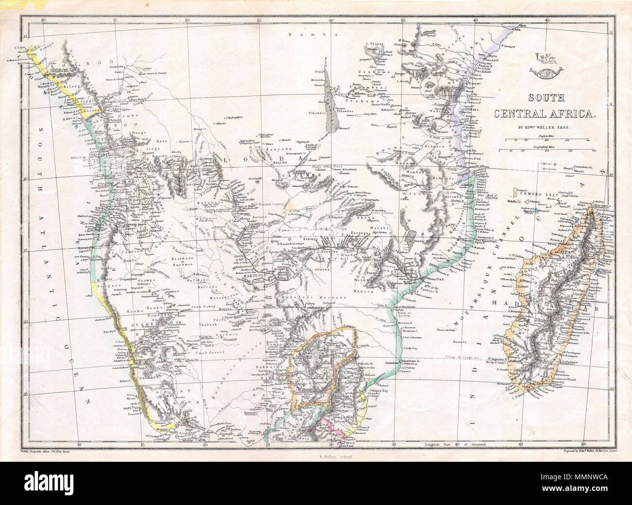 . Englisch: Dieses knappen Handcolorierte Karte ist eine lithografischen Gravur von Norwegen und Schweden, die bis 1846 von der legendären amerikanischen Mapmaker S.A. Mitchell, der Ältere. Zeigt Skandinavien, in vollem Umfang von der Arktis nach Dänemark. Mit Finnland. Diagramm der EZB-Bezirke auf der linken Seite. South Central Afrika.. 1868 (veraltet). 9 1868 Versand - Weller Karte von Süd- Afrika (Angola, Botswana, Tansania, etc.) ---1868 CentralAfrica Geographicus-Versand Stockfoto