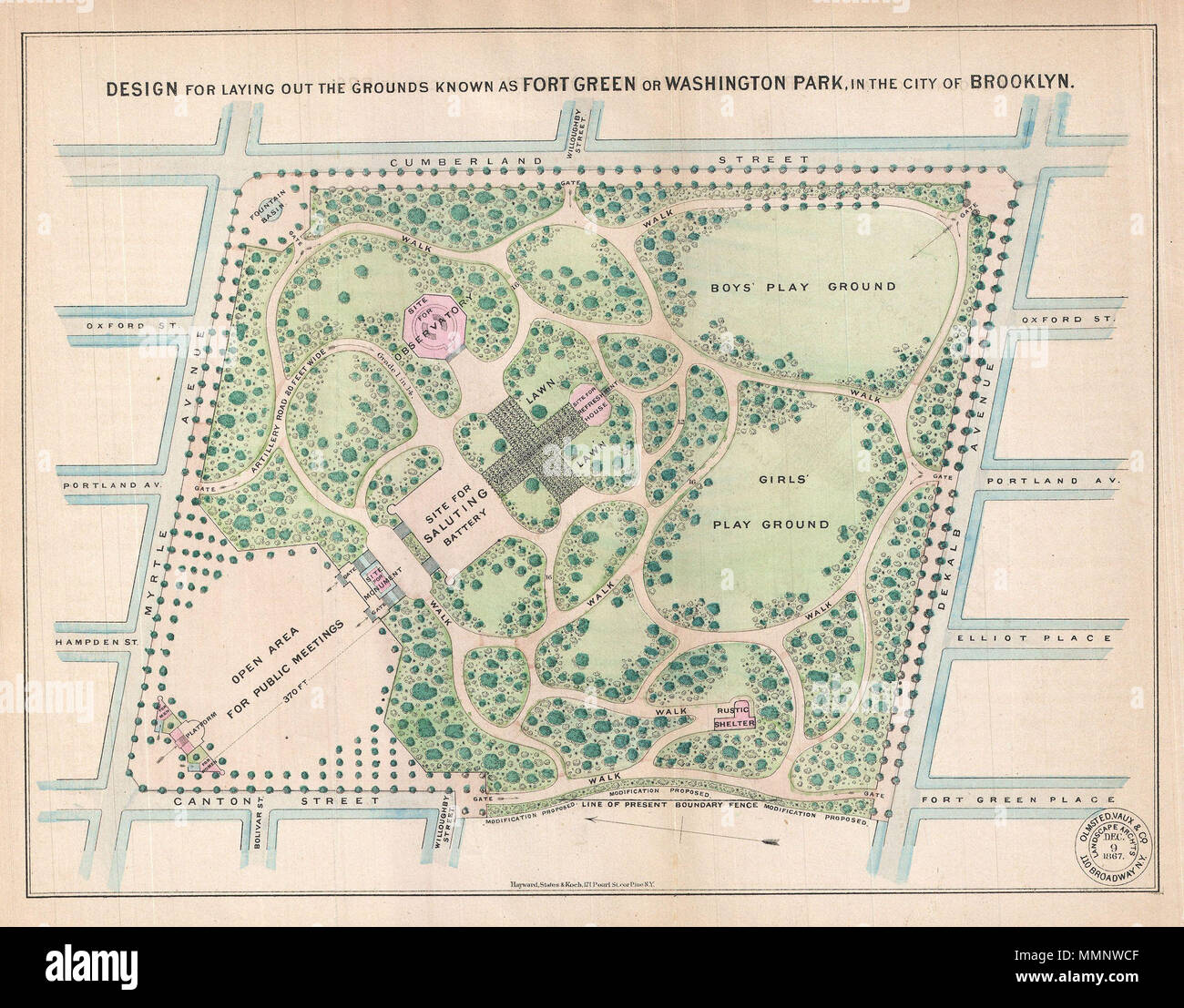 . Englisch: eine seltene 1868 Beispiel Vaux & Olmstead's Karte von Washington Park oder, wie es jetzt ist bekannt, Fort Greene Park, Brooklyn. Fort Greene Park gilt als der erste in Brooklyn Park zu sein. Zeigt den Park als Ganzes und umfasst Wege, Seen, Gebäude, einzelne Bäume, Felsen und Höhe Messungen. Die Straßen in der Umgebung des Park sind ebenfalls vermerkt. Das Layout von Fort Greene Park hier angezeigt wird, spiegelt Vaux und Olmstead 1864 Redesign. Wie Ihre berühmtesten Werke, Central Park, Prospect Park, Vaux und Olmstead wurden akribisch in ihrer Gestaltung des Parks mit jedem Baum, Teich Stockfoto
