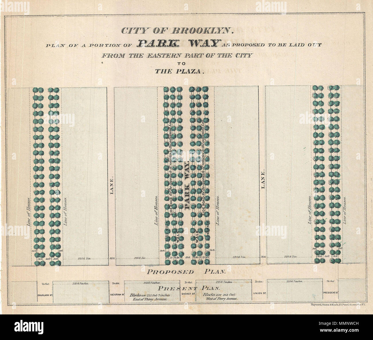 . Englisch: eine seltene 1868 Beispiel Vaux & Olmstead Der vorläufige Plan für Eastern Parkway, Brooklyn. Das ist vielleicht die erste veröffentlichte Plan werden von Eastern Parkway, die begann den Bau etwa 2 Jahre nach diesem ersten Layout veröffentlicht wurde. Nach Angaben der New York City Abteilung der Parks und der Erholung, der weltweit erste Parkway wurde von Frederick Law Olmsted und Calvert Vaux 1866 konzipiert. Der Begriff Parkway wurde von den Designern geprägt als angelegten Straße ausdrücklich für "Lust - Reiten und Fahren" oder die malerische Zugang zu den Prospect Park (auch durch Olmsted und Vaux) ausgelegt. Zu diesem Zweck Stockfoto