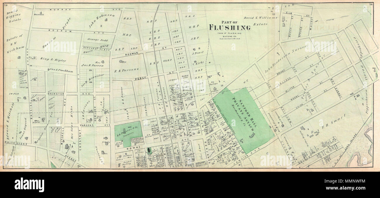 . Englisch: ein knappes Beispiel der Karte teile Fredrick W. Beers von Queens, New York City. Im Jahr 1873 veröffentlicht. Nach Osten ausgerichtet. Etwa deckt Boerum Avenue, Brewster Avenue, Parsons Avenue, Sanford Avenue, Jamaica Avenue, Irland Avenue, Shaftsbury Avenue, Tennyson Avenue und Longfellow Avenue. Nimmt die Parsons Baumschule und das Sanford Halle Private Asyl. Detaillierte auf der Ebene der einzelnen Grundstücke und Gebäude mit Grundeigentümer festgestellt. Dies ist wahrscheinlich der beste Atlas Karte von diesem Teil von Queens, New York, im 19. Jahrhundert zu erscheinen. Von Bieren, Comstock & Cline aus Ihren offic vorbereitet Stockfoto