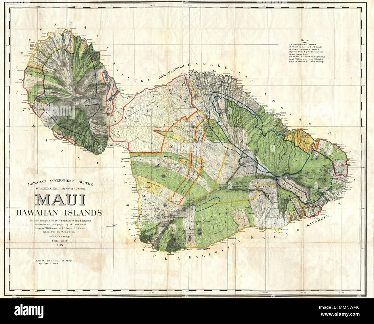 . Englisch: Diese sehr große, seltene und außergewöhnliche Karte 1885 von der Insel Maui, Hawaii, für das Jahr 1906 Bericht des Gouverneurs des Gebietes von Hawaii zu den Staatssekretär des Innern vorbereitet wurde. Deckt die gesamte Insel in wunderbare Details. Obwohl die kartographische Arbeiten, dass diese Karte hergestellt wurde 1885 begonnen, während der hawaiischen Monarchie, die Karte selbst, und der Bericht, den es enthielt, wurde erteilt, der Annexion der US-Regierung 1898 der hawaiischen Republik. Der Bericht war ein Versuch zu bewerten und die neu geschaffenen Möglichkeiten der hawaiischen Gebiet für die ordnungsgemäße admi prüfen Stockfoto